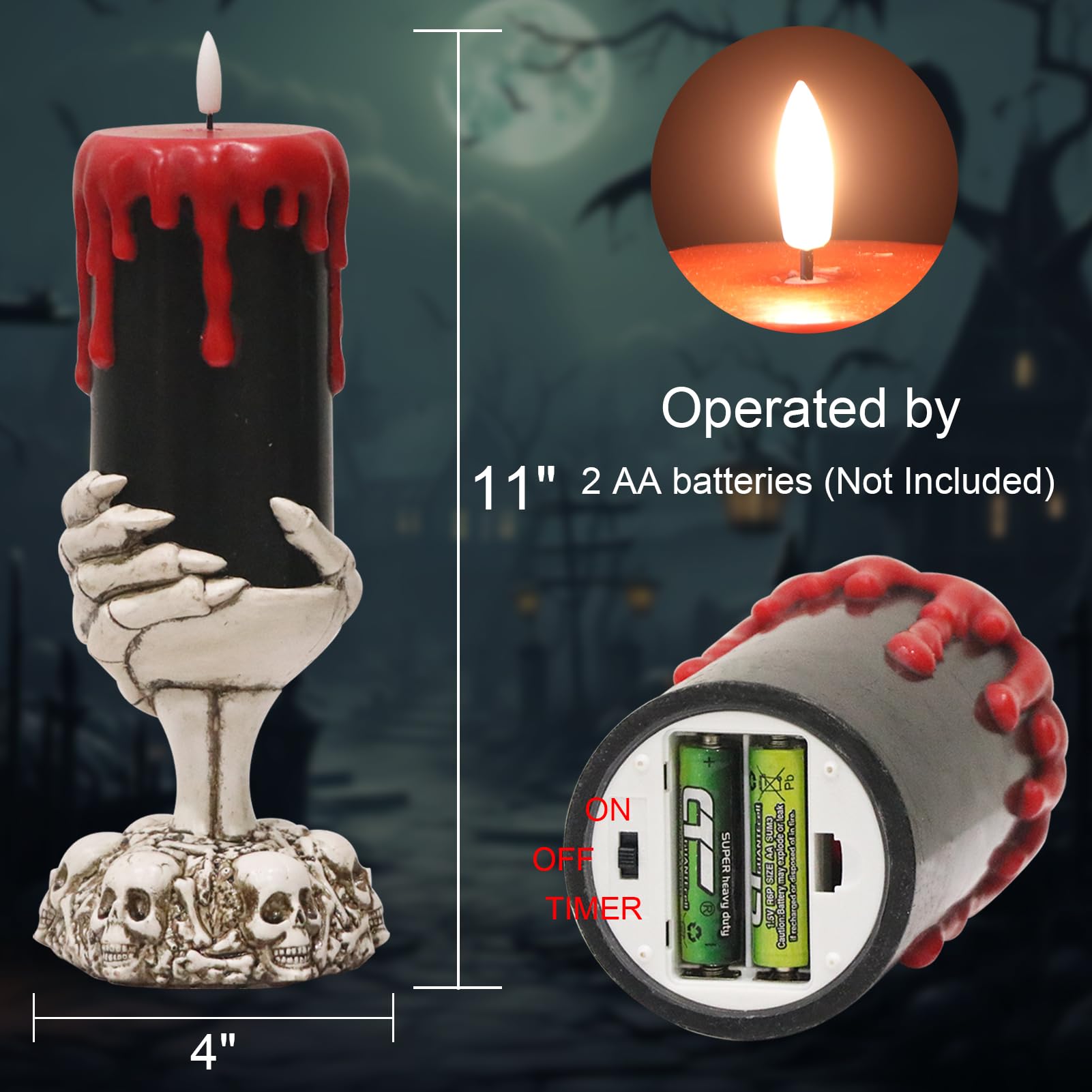 Dromance Black Flameless Flickering Candle With Timer, Blood Dripping Wax Effect Battery Operated Led Pillar Candle With Skeleto