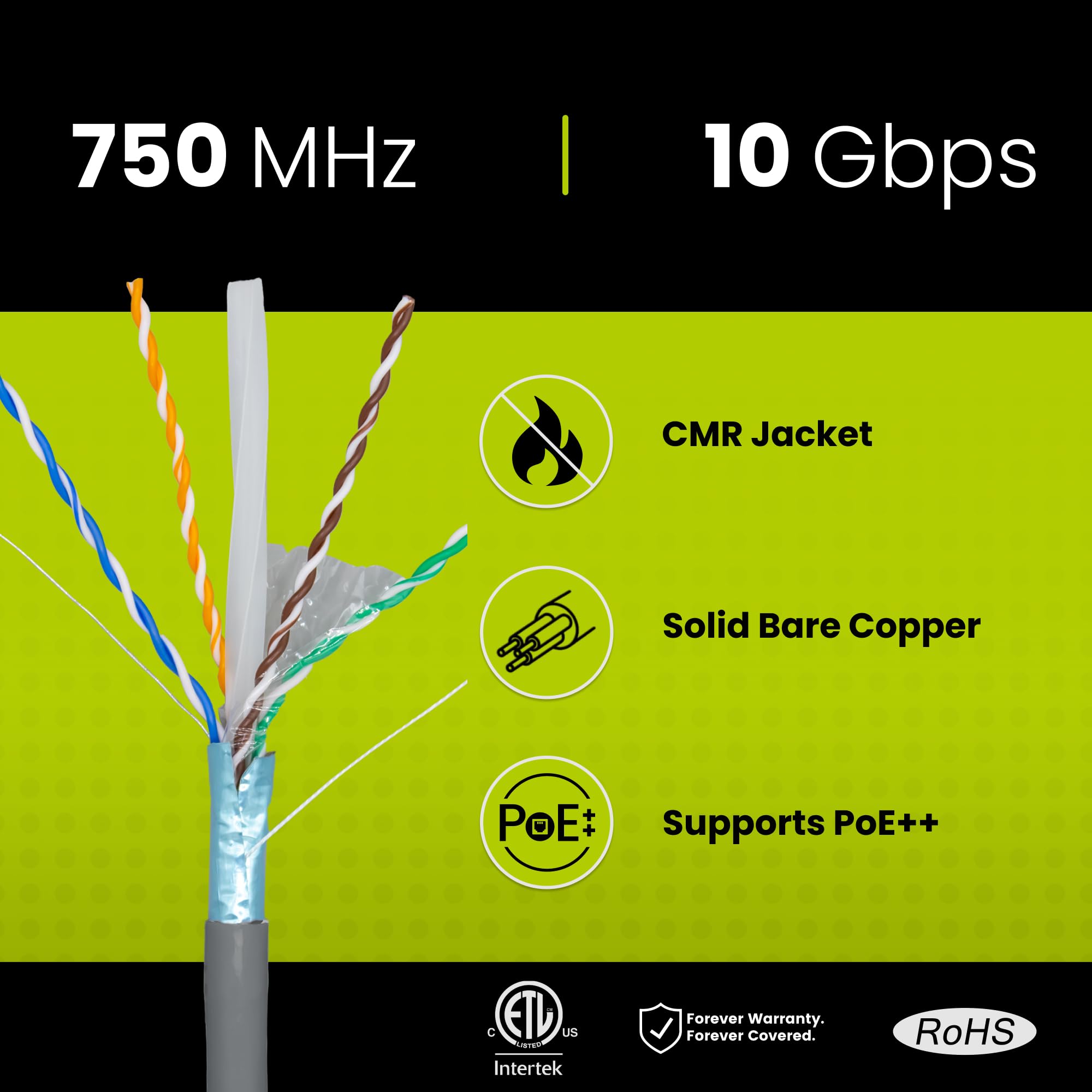 Truecable Cat6A Shielded Riser (Cmr), 1000Ft, Gray, 23Awg Solid Bare Copper, 750Mhz, Poe++ (4Ppoe), Etl Listed, Overall Aluminum Foil Shield (F/Utp), Bulk Ethernet Cable