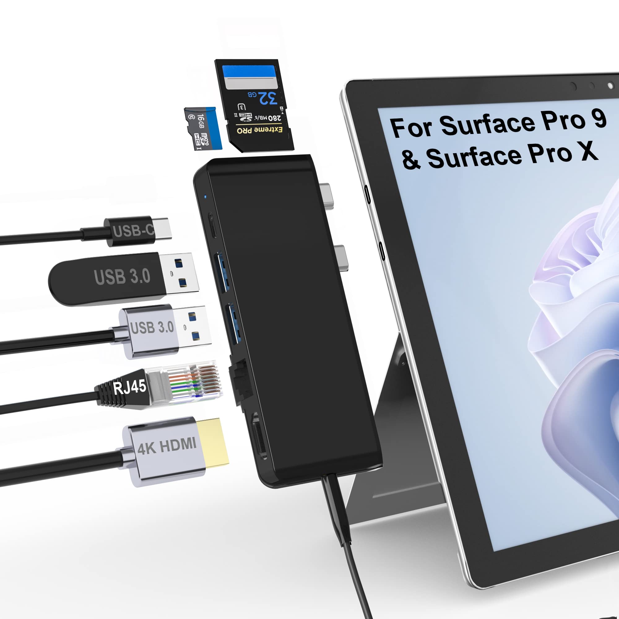 Surface Pro 9 Docking Station, Surface Pro 9 Hub Adapter with 100 Mbps LAN, 4K HDMI, 100W USB-c (Display+Data+PD charging), 2 US