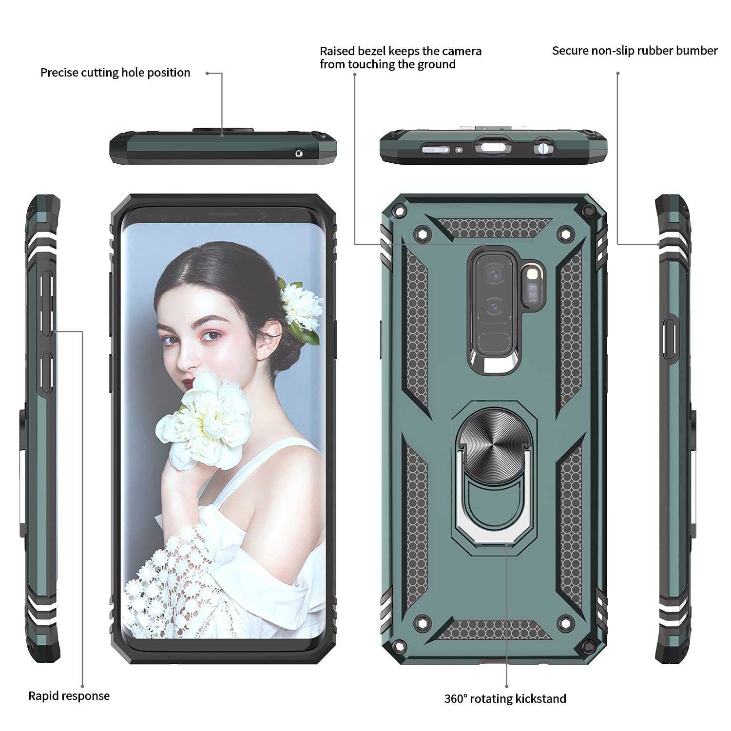 LeYi Samsung Galaxy S9 Plus Military-Grade Phone Case Metal Ring Kickstand Green