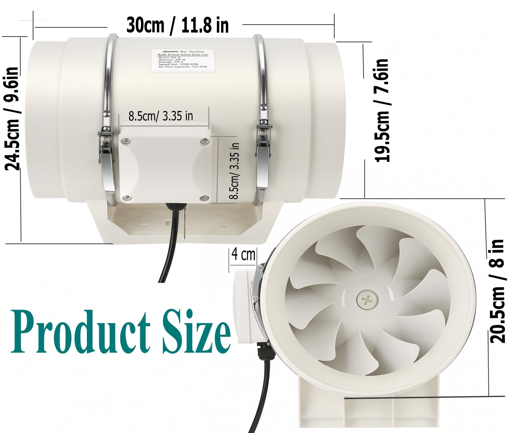 Nalle 8 Inch Inline Duct Fan With Variable Speed Controller 168W 740 Cfm Ventilation Exhaust Blower Fans Efficient Quiet Copper