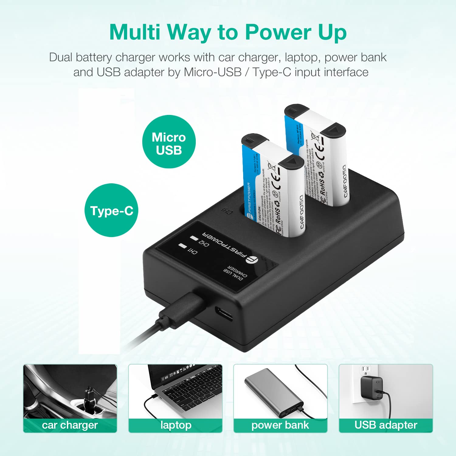 FirstPower NP-BX1 Battery 2-Pack Dual USB Charger Black for Sony ZV-1, Cyber-shot DSC-RX100 Series Cameras