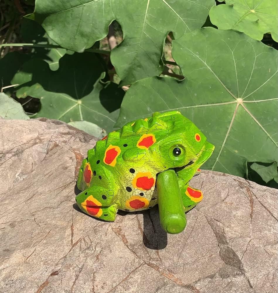 4 Inch Guiros Percussion Instruments Wooden Frog, Wooden Frog Musical Instrument Home Decor Handcrafted Decoration (Green Fancy