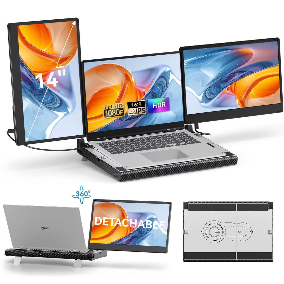 14'' Laptop Screen Extender Smart Base   Upgraded Triple Portable Monitor Fhd 1080P  300% More Efficient, 360 Rotation/Detachabl