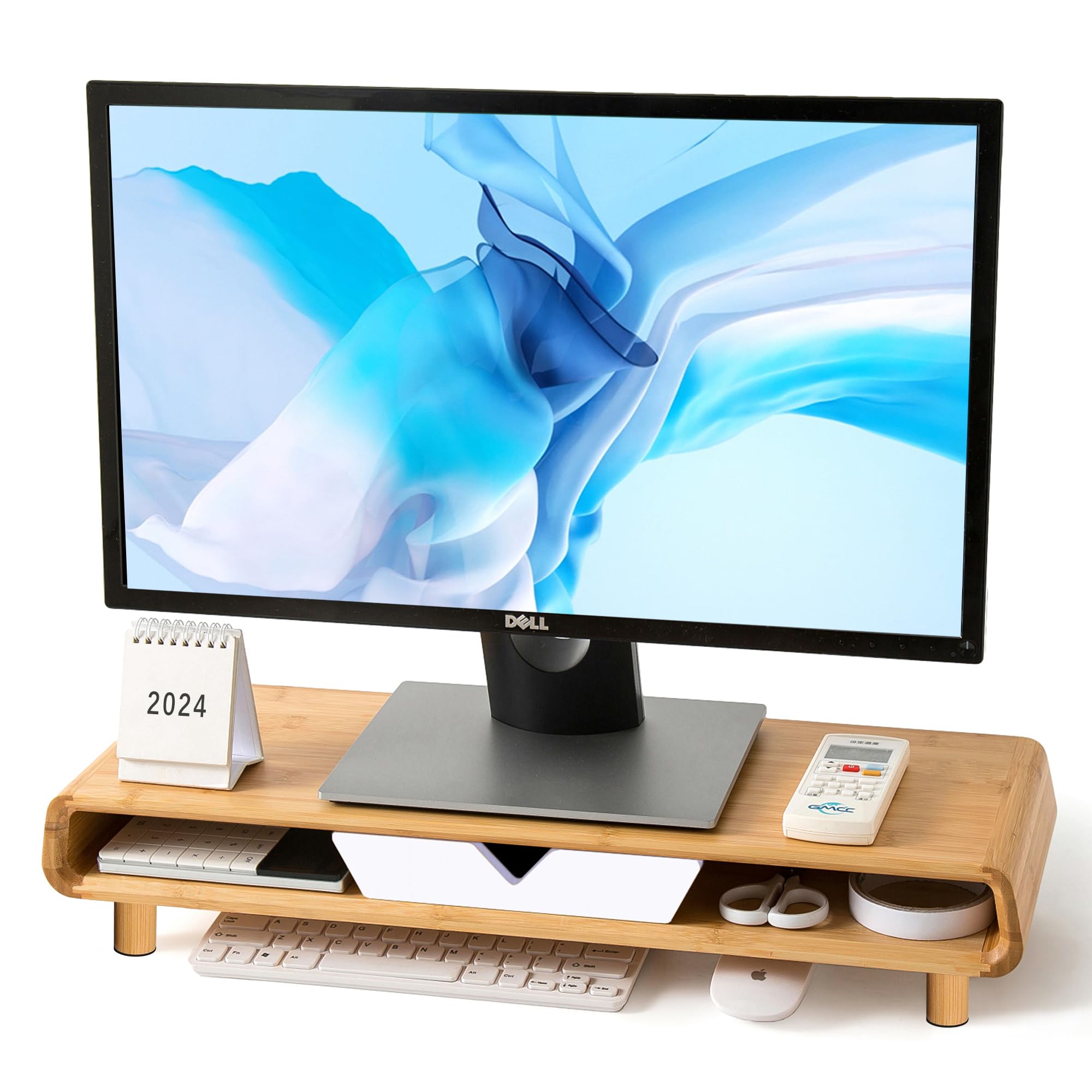 Homerays Bamboo Monitor Stand Riser With Drawer, Exquisite Ergonomic Wood Computer Monitor Riser,White,Upgrade Model