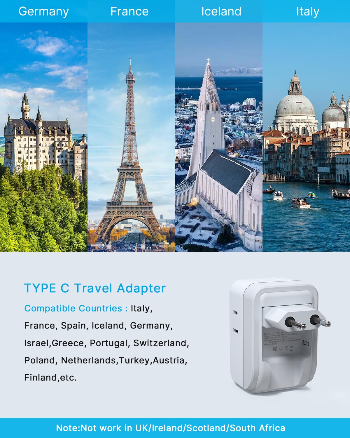 [1 Pack] European Travel Plug Adapter, Vintar Foldable International Power Adapter With 4 Ac Outlets 3 Usb Ports(2 Usb C), Type