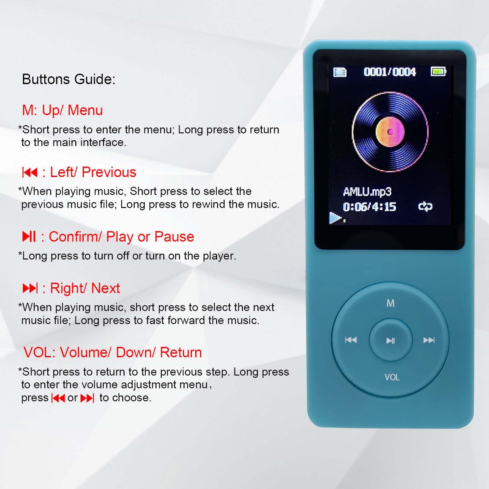 64Gb Mp3 Player, Portable Music Player For Kids With Earphone Speaker, Support Photo/Video Play/Voice Recorder/E Book Reader, Li