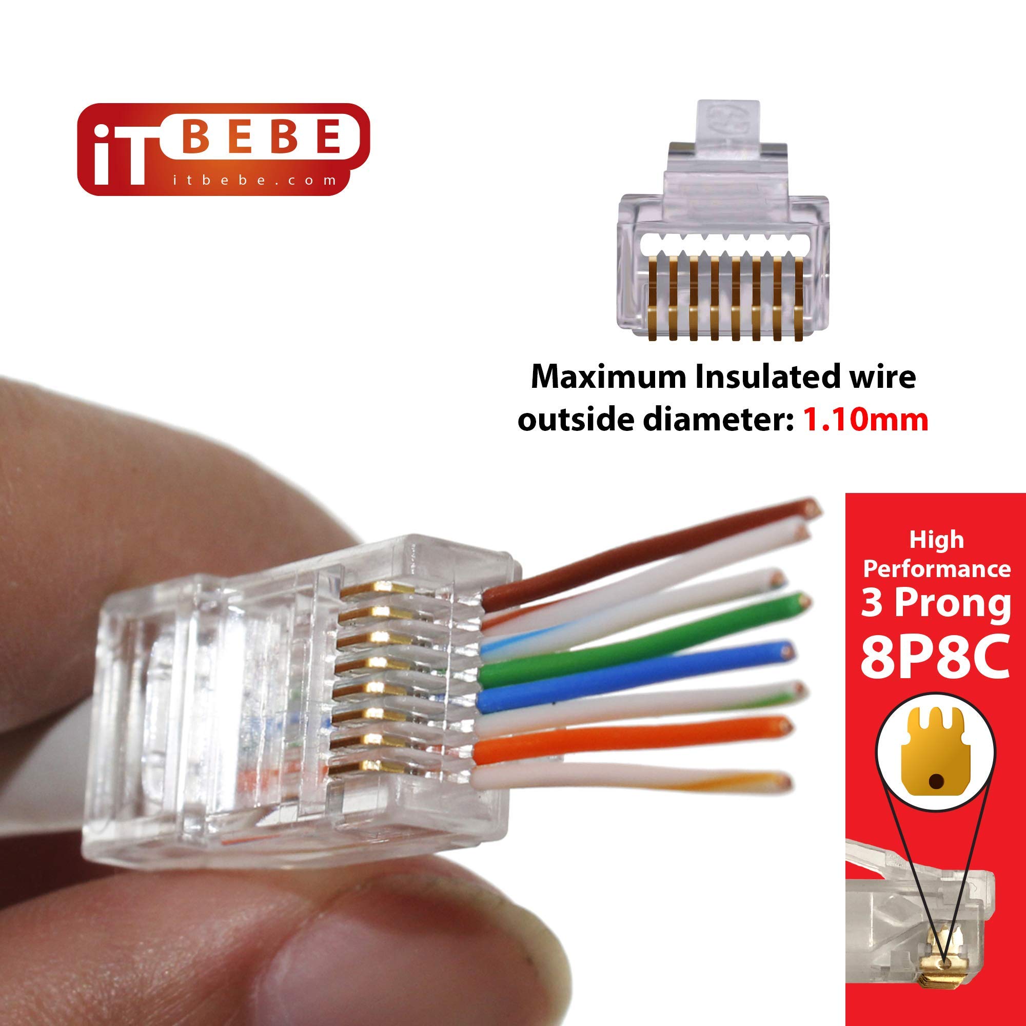 Itbebe 100 Pieces   Gold Plated End Pas Through Rj45 Cat6 Connector 8P8C 3 Micron 3U 3 Prong Premium Modular Utp Plug Connector
