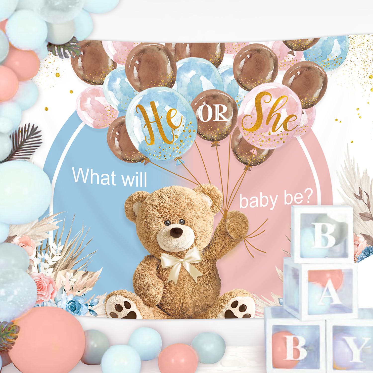 Imirell Bear Gender Reveal Backdrop 7Wx5H Feet Pink Blue He Or She What Will Baby Be Boho Flower Pampas Balloon Polyester Fabric