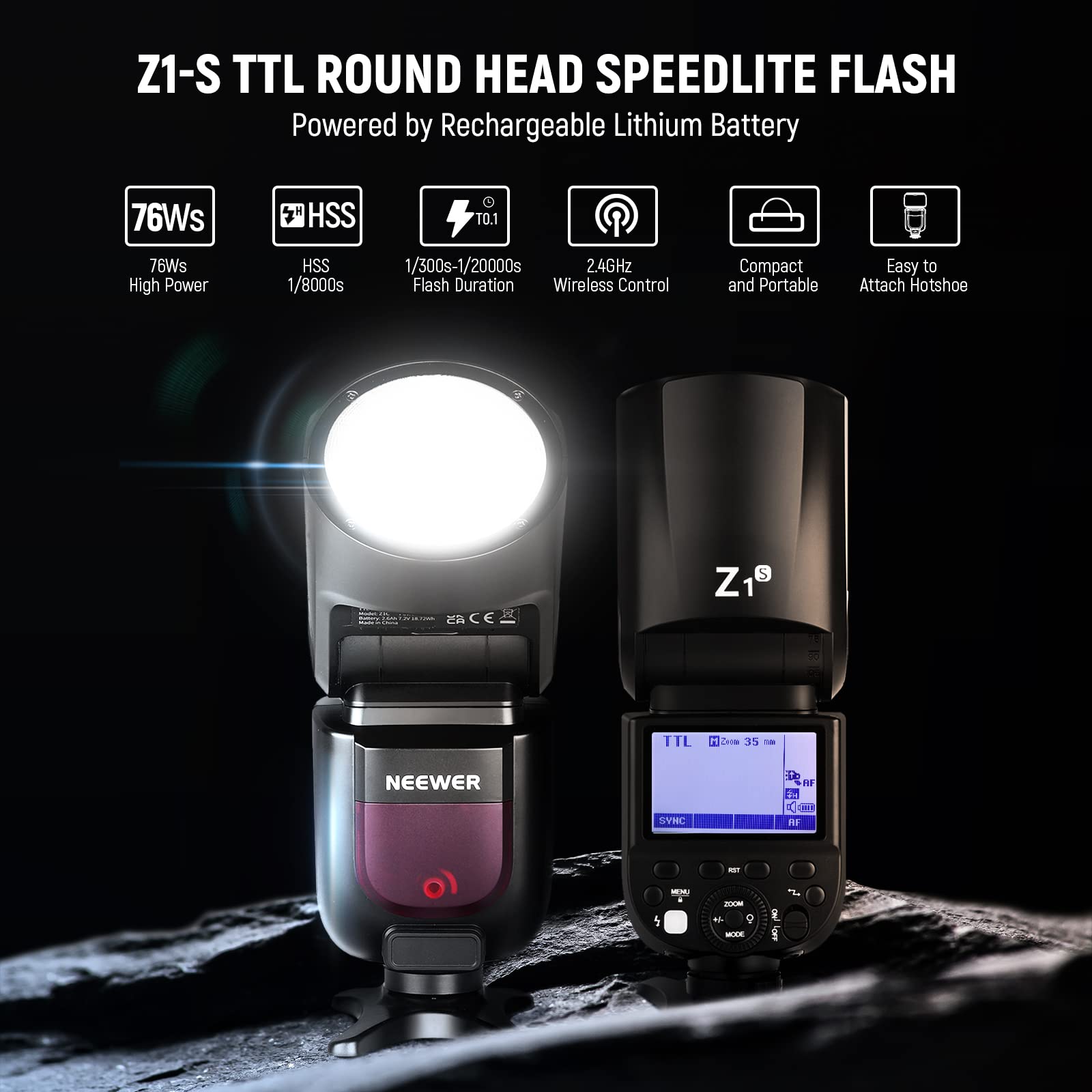 Neewer Z1 S Ttl Round Head Flash Speedlite For Sony Dslr Cameras, 76Ws 2.4G 1/8000S Hss Speedlight, 10 Levels Led Modeling Lamp,