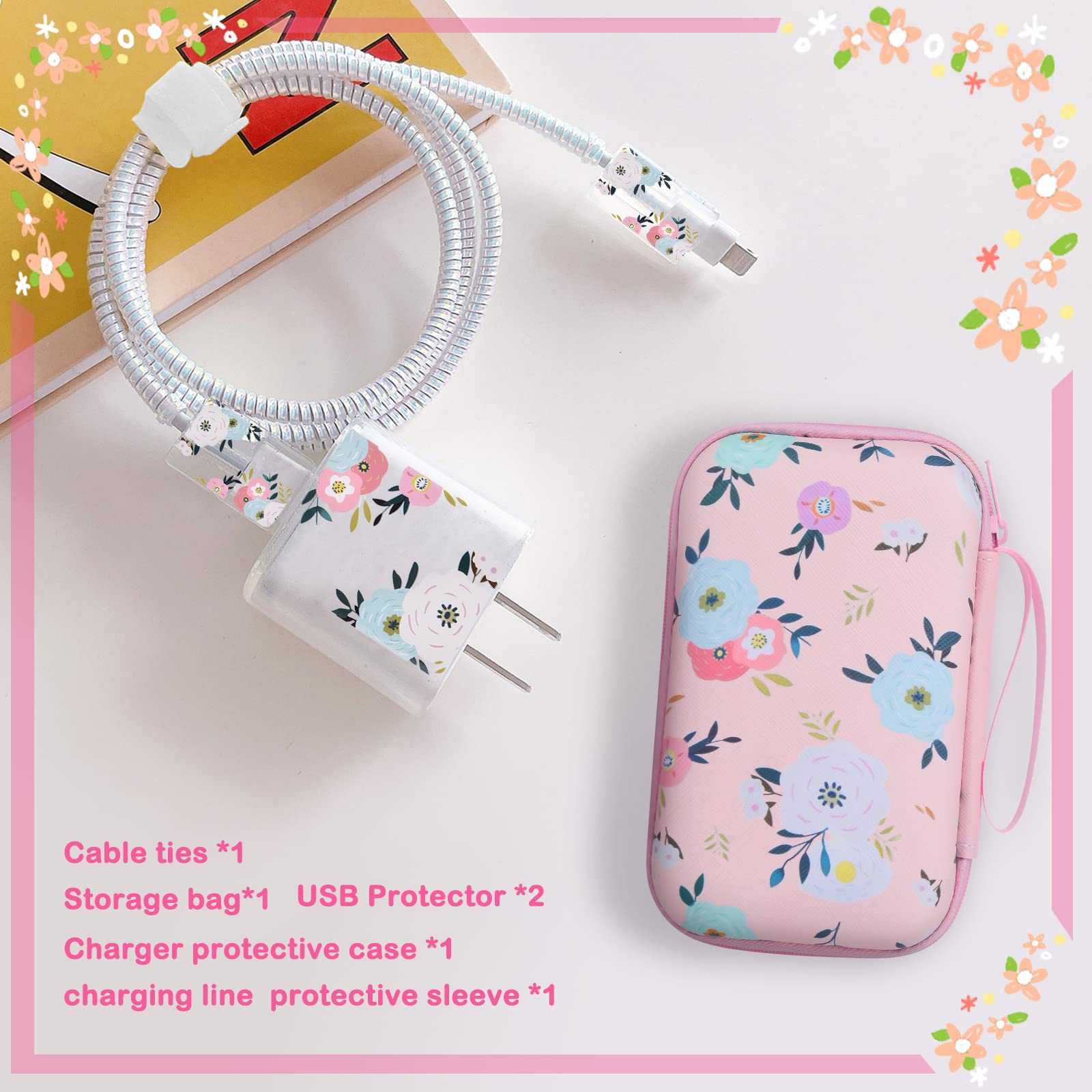 Cute Floral Phone Charger Storage Case Cover Set Colorful White Camellia Flowers Pattern Carrying Bag With Cable Protector Cord