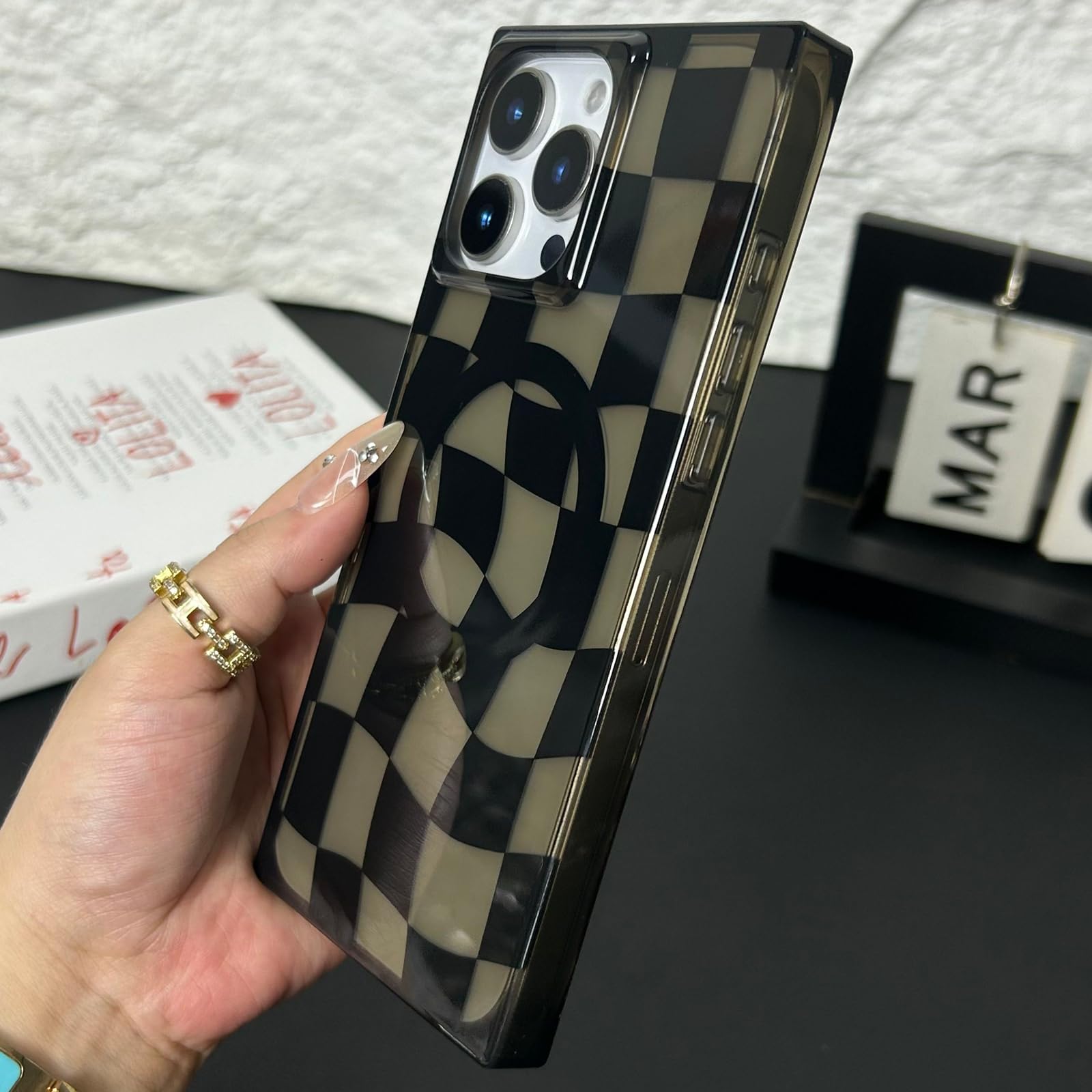 Roymonkey Checkered Magnetic Phone Case For Iphone 14 Pro Max Compatible With Magsafe - Rectangular Checker Checkerboard Twist P