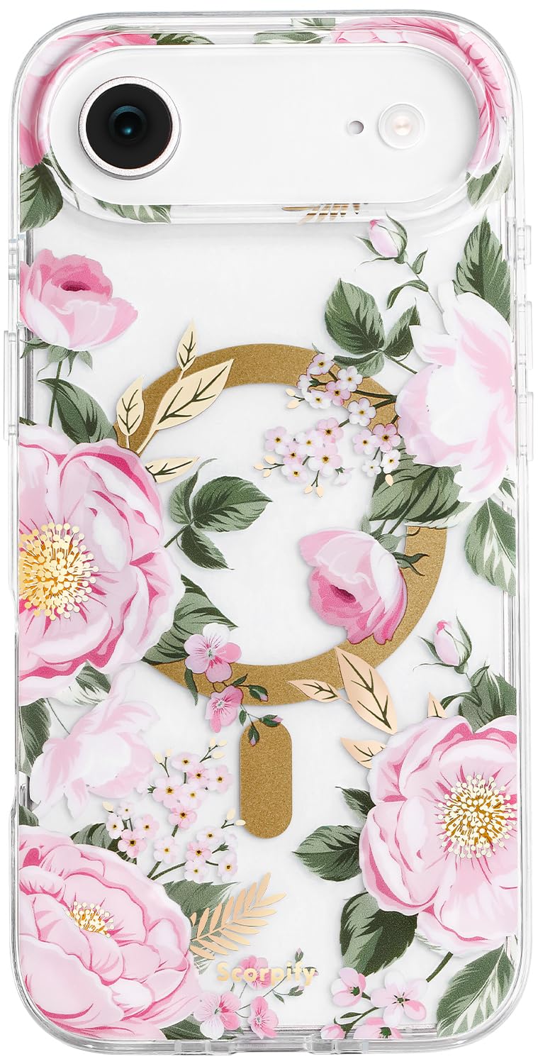 SCORPIFY for iPhone 17 Air Case [Compatible with MagSafe] with Pink Peony Floral Design, Cute Clear Flower Magnetic Phone Cover 