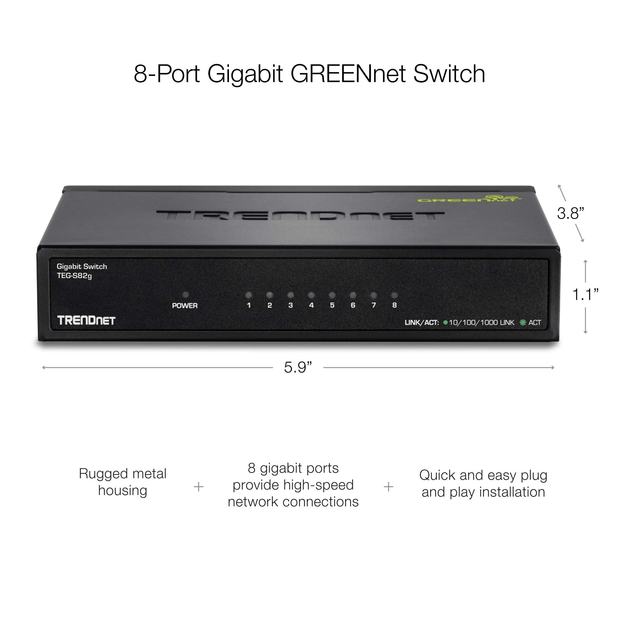 Trendnet 8 Port Gigabit Greennet Switch, Ethernet Network Switch, 8 X 10 100 1000 Mbps Gigabit Ethernet Ports, 16 Gbps Switching