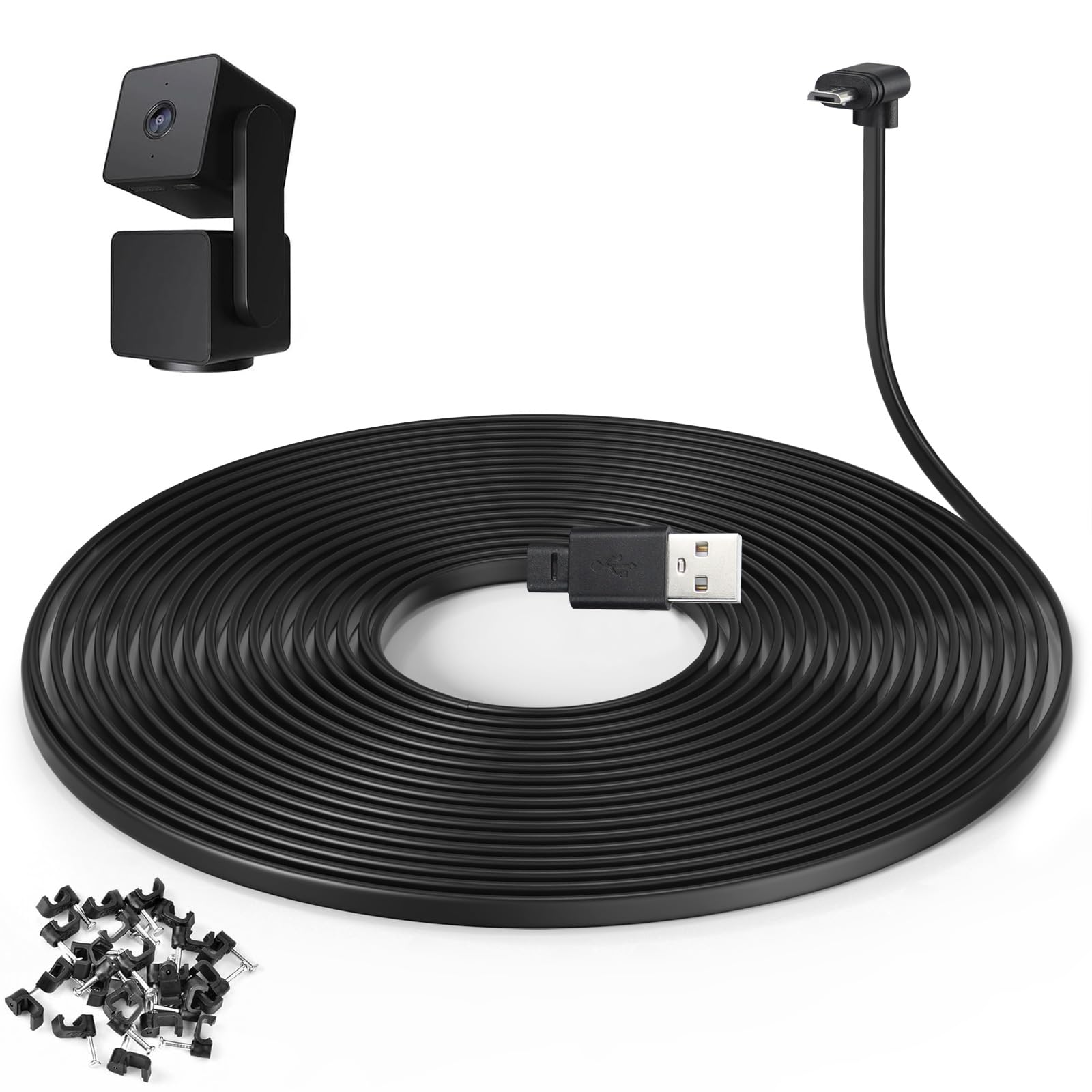 60 Ft Extension Cable For Wyze Cam Pan V3 Outdoor Camera, L Shaped Flat Power Cord, Black