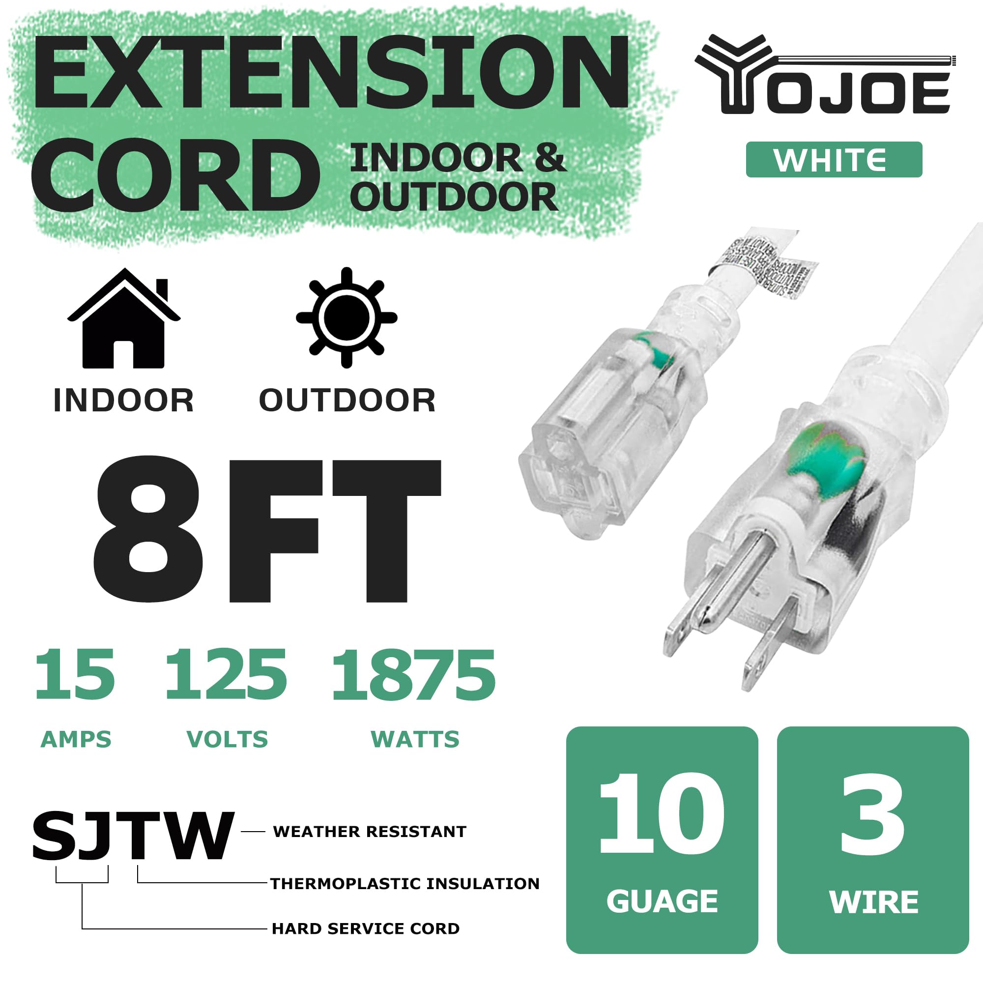 Yojoe Indoor Outdoor Extension Cord With Lighted End, 3 Prong 15A Weatherproof Power Extension Cord, 10 Gauge Heavy Duty 8 Ft Wh