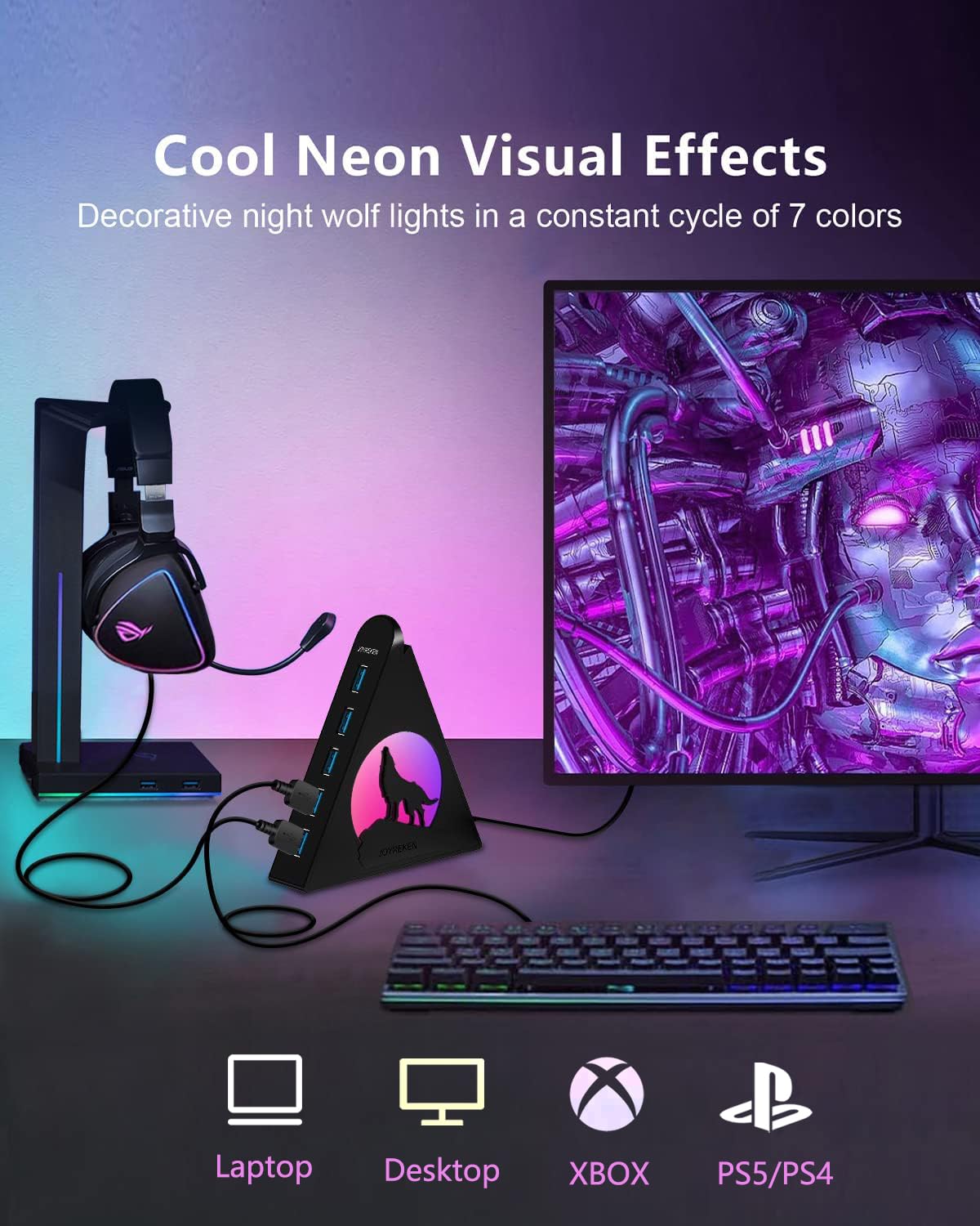 7 Port Usb Hub, Joyreken Usb 3.0 Hub With 2 Ft Long Cable, Vertical Usb Exrension Hub For Laptop, Macbook, Xbox, Ps4/5, Flash Drive, Xps, Pc, Flash Drive, Game Console, Printer, Camera,Keyborad, Mouse