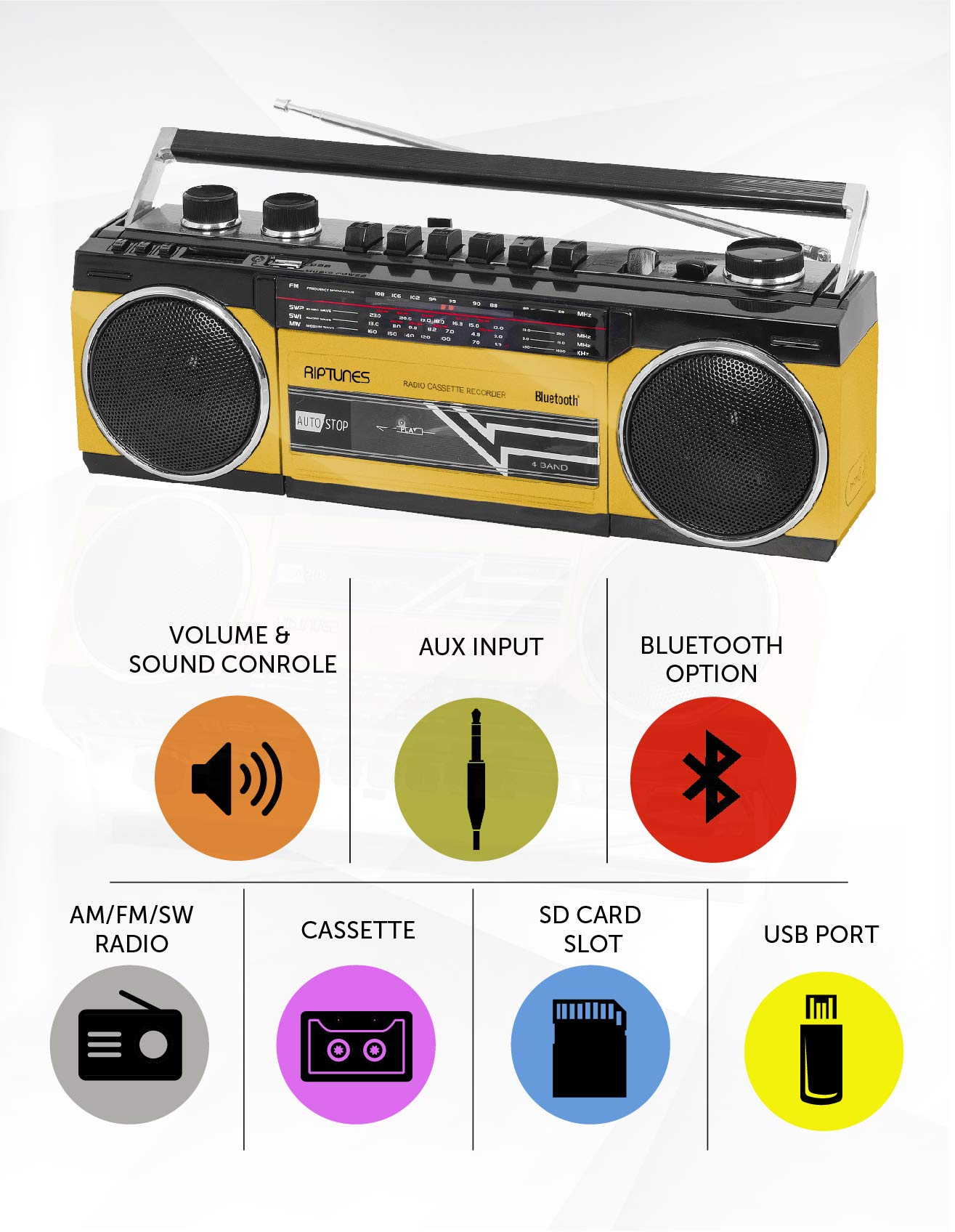 Riptunes Cassette Boombox, Retro Blueooth Boombox, Cassette Player And Recorder, Am/Fm/Sw 1 Sw2 Radio 4 Band Radio, Usb, And Sd,