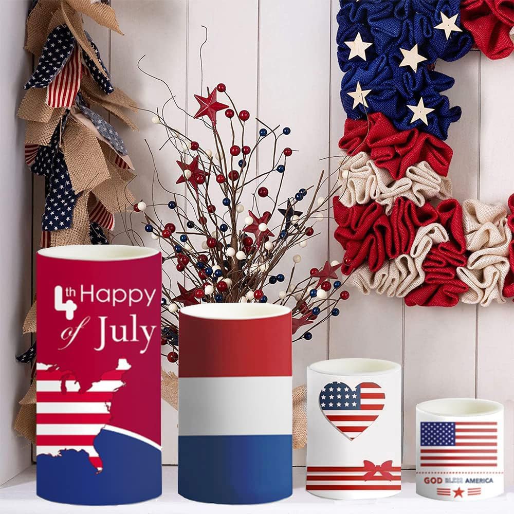 Aulaygo 4Th Of July Candles With Timer Remote Control Red White And Blue Candles Battery Operated Set Of 4 For Independence Day