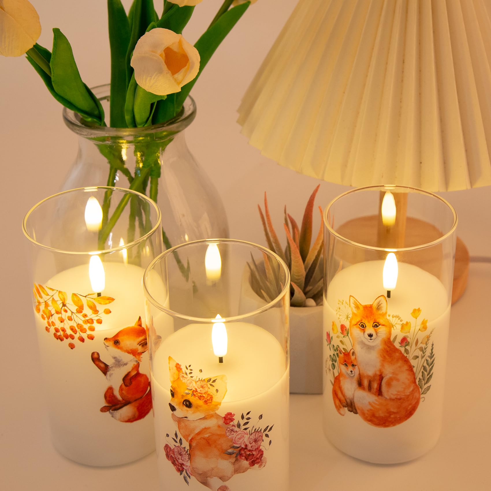 Eywamage Fox Puppy Flameless Candles In Glass Jars, Flickering Battery Led Pillar Candles With Remote Set Of 3