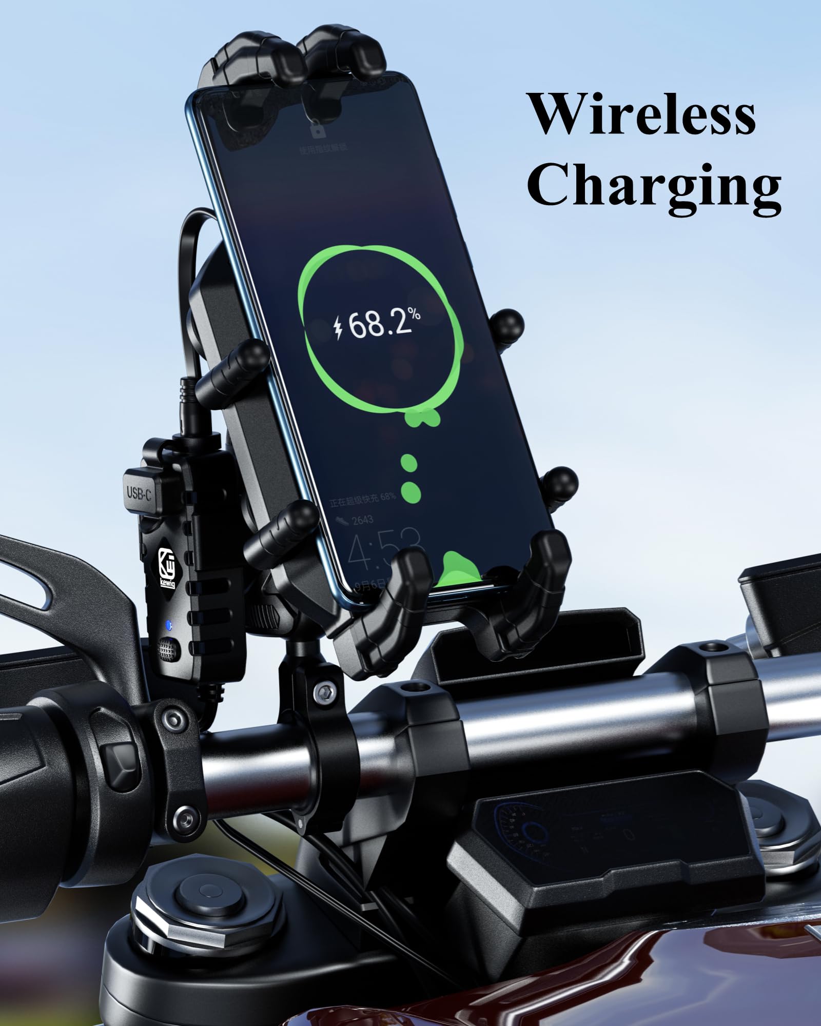 Brcovan Motorcycle Phone Mount With Qi 15W Wireless Charger & 30W Pd/Usb C Fast Charging Port, Anti Theft Motorcycle Handlebar C