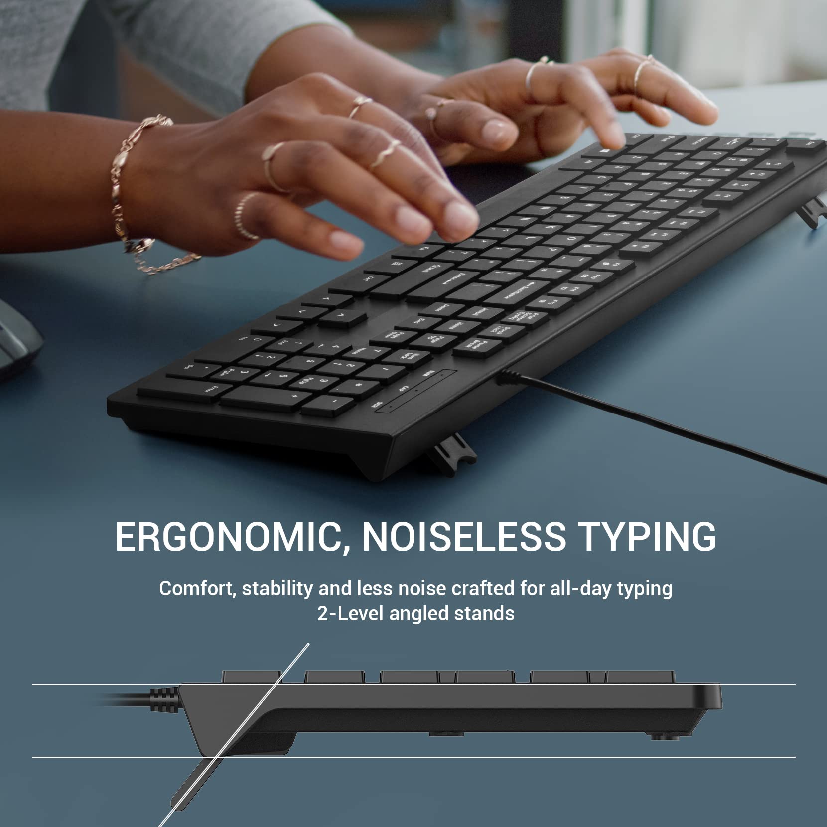 Computer Keyboard Wired, Plug Play Usb , Low Profile Chiclet Keys, Large Number Pad, Caps Indicators, Foldable Stands, Spill Res