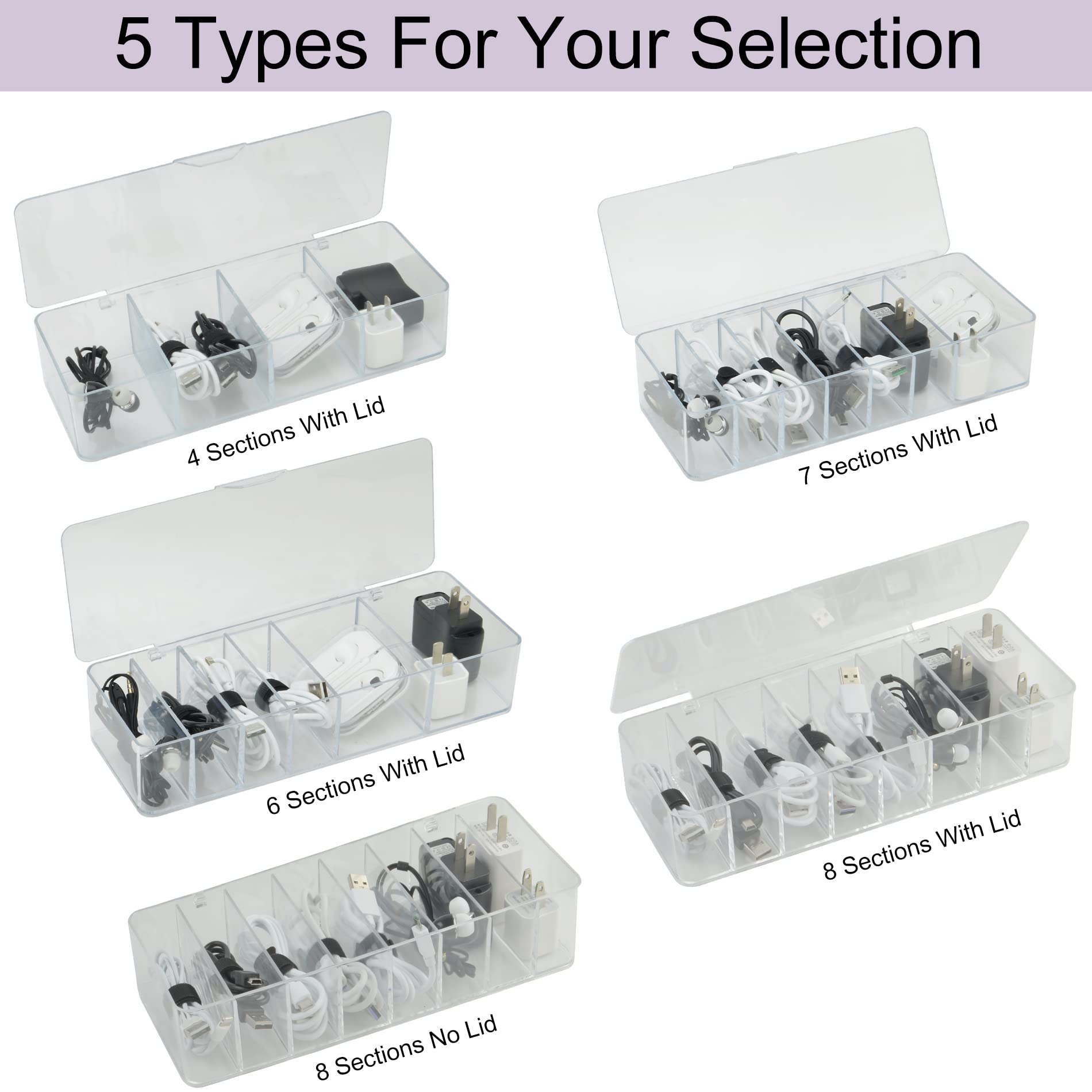 Electronics Organizer 8 Sections Clear Acrylic Cable Storage Bin Box Cord Holder With 20 Pcs Reusable Fastening Fabric Cable Tie