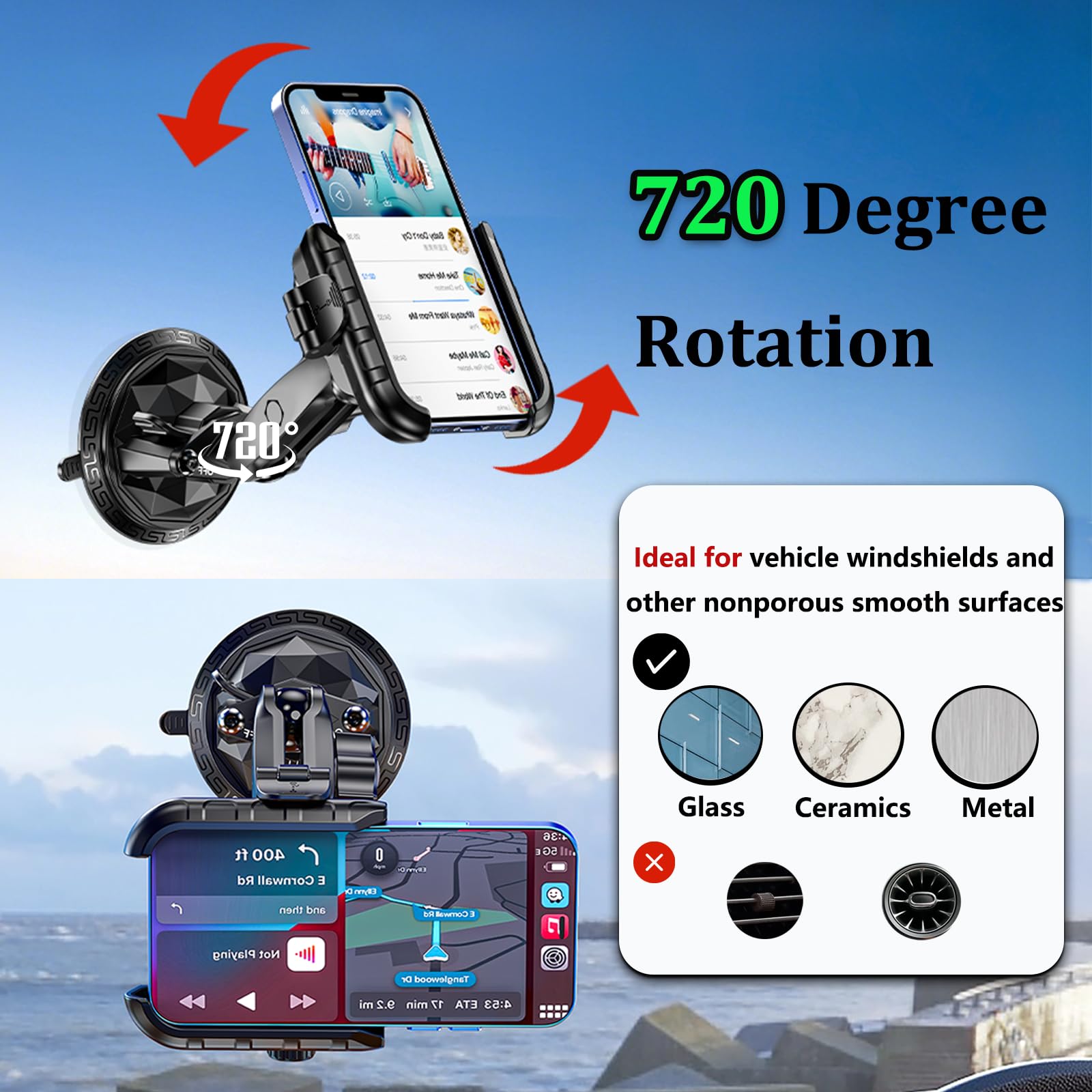 Loktenwo Car Phone Holder Mount With Vibration Dampener & Twist-Lock Suction Cup Base, [Camera Friendly] [1S Lock & Release] Wit