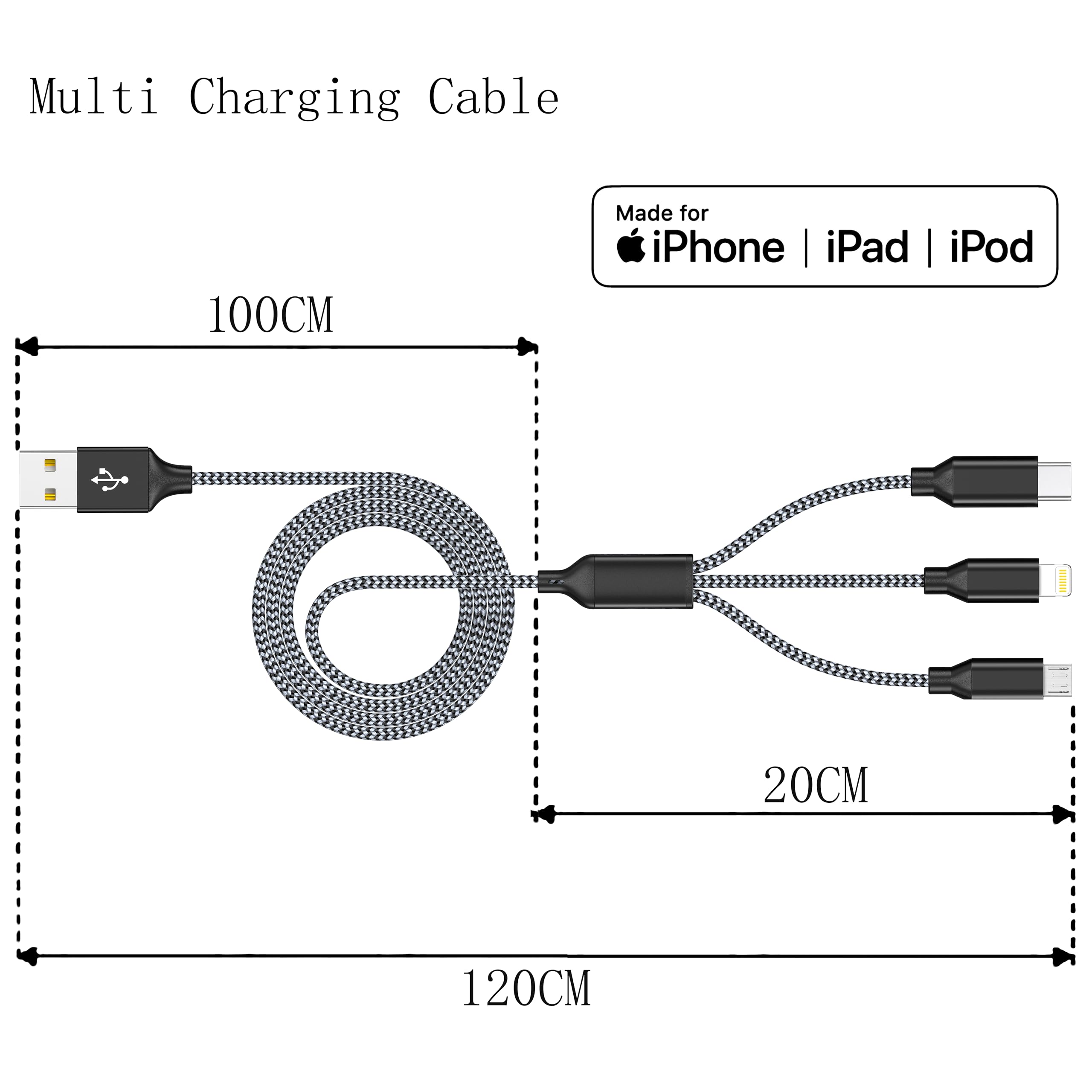 Lightning Cable 3 In 1 Multi Charging Cord 2Pack 4Ft Nylon Braided Multiple Iphone Charger Wire Mfi Certified Universal For Appl