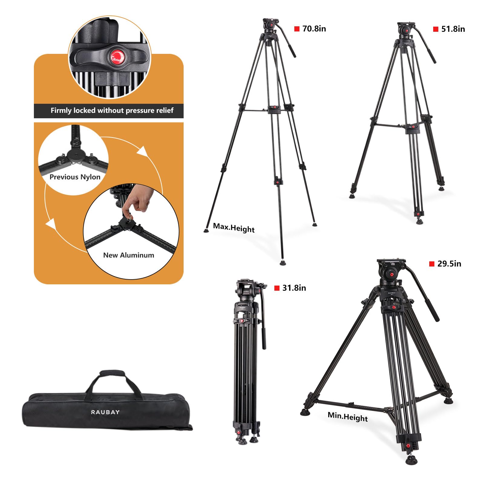 Raubay 70.8 Professional Heavy Duty Video Camera Tripod With Fluid Head, Qr Plate For Dslr Camcorder, Max Loading 17.6Lbs, Alumi