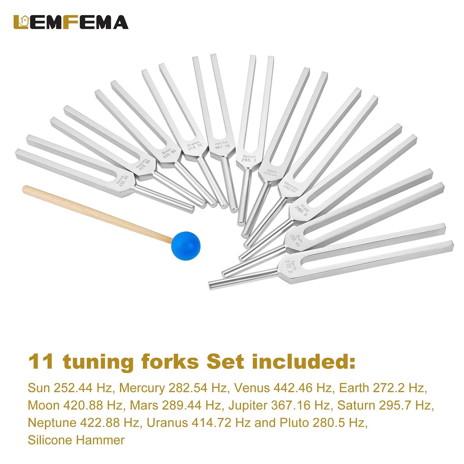Solfeggio Tuning Fork Set, 11 Tuning Forks Perfect For Sound, With Silicone Hammer Cleaning Cloth And Bag(252.44Hz, 282.54Hz, 44