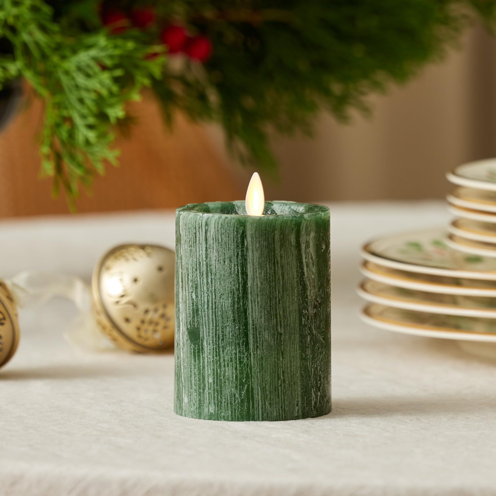 Luminara Selenite Looking Flameless Candle, Holiday Green 3'' X 4.5'', Battery Operated Real Wax Moving Flame Led Pillar W/Timer
