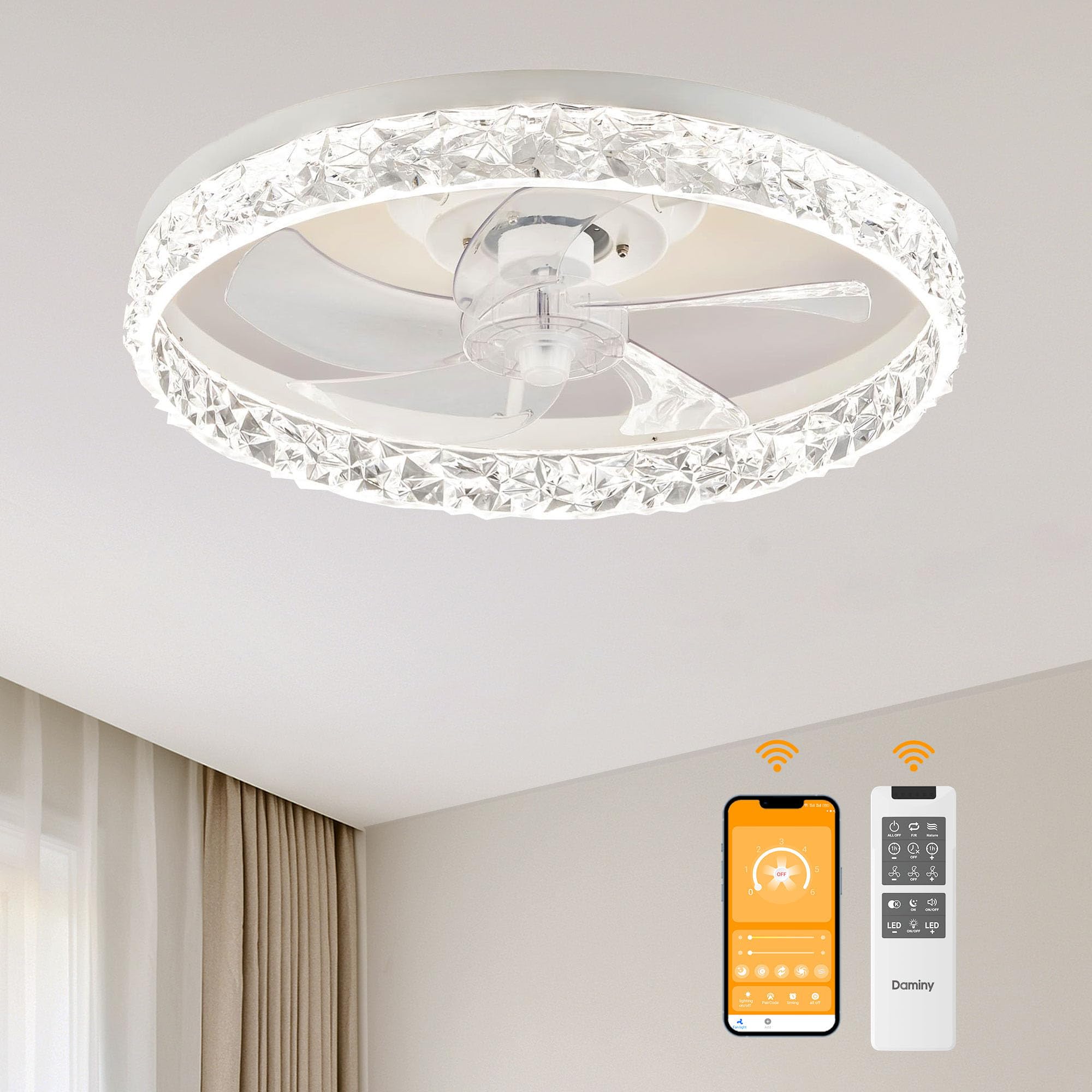 DAMINY 20inch White Ceiling Fans with Lights and Remote, 6CCT, Dimmable Smart Low Profile Ceiling Fan with Light, 6 Speeds Flush