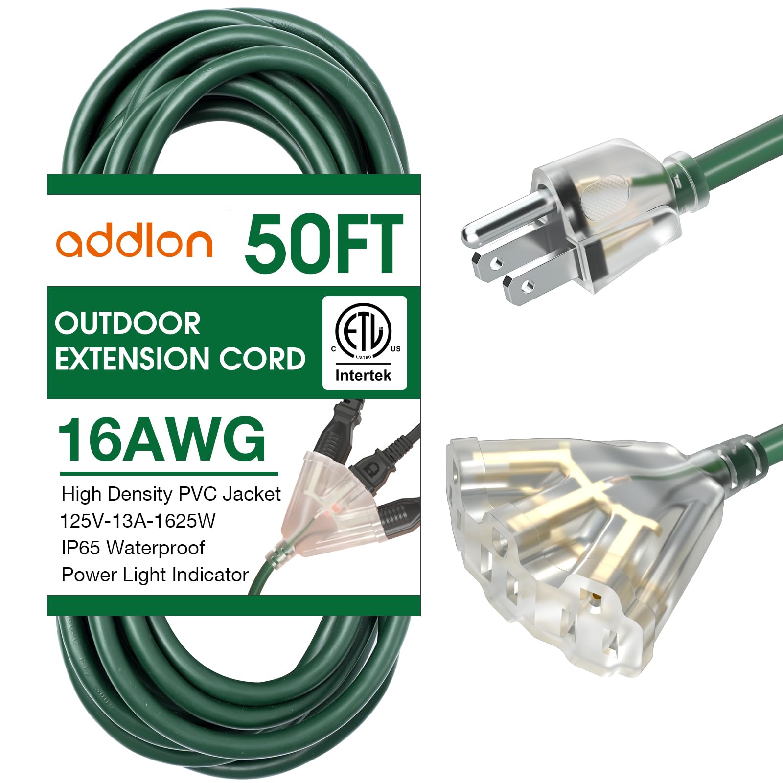 Addlon 50Ft 16/3 Lighted Outdoor Extension Cord With 3 Plug Outlet, Heavy Duty Extension Cord With 3 Prong Grounded Plug For Saf