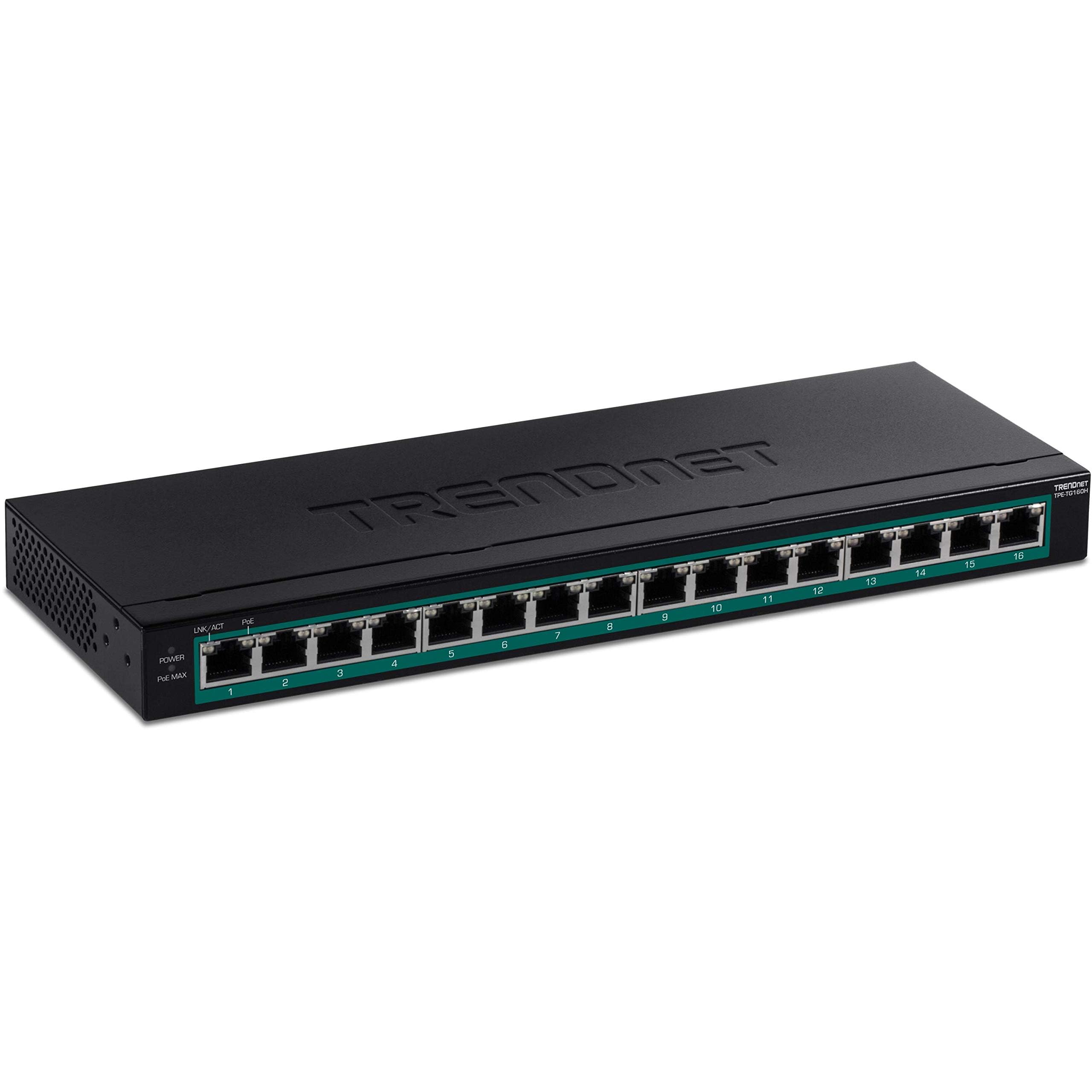 Trendnet 16 Port Gigabit Poe+ Switch Tpe Tg160H 123W Poe Power Budget 32 Gbps Switching Capacity Desktop Switch Ethernet Network