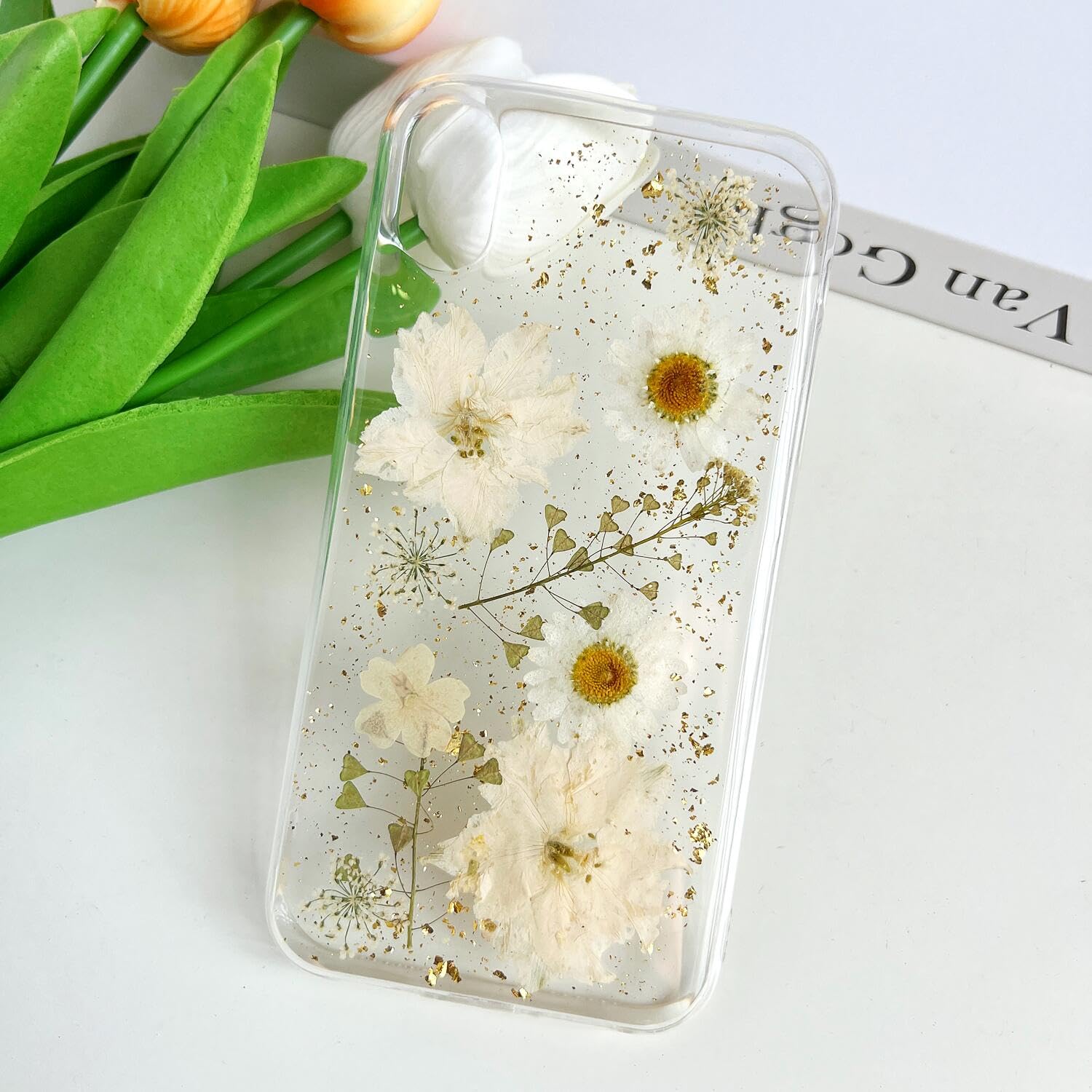 Lseeka For Iphone Xs Max Clear Case With Pressed Real Flowers Design,Glitter Cute White Floral Pattern Slim Soft Tpu Protective