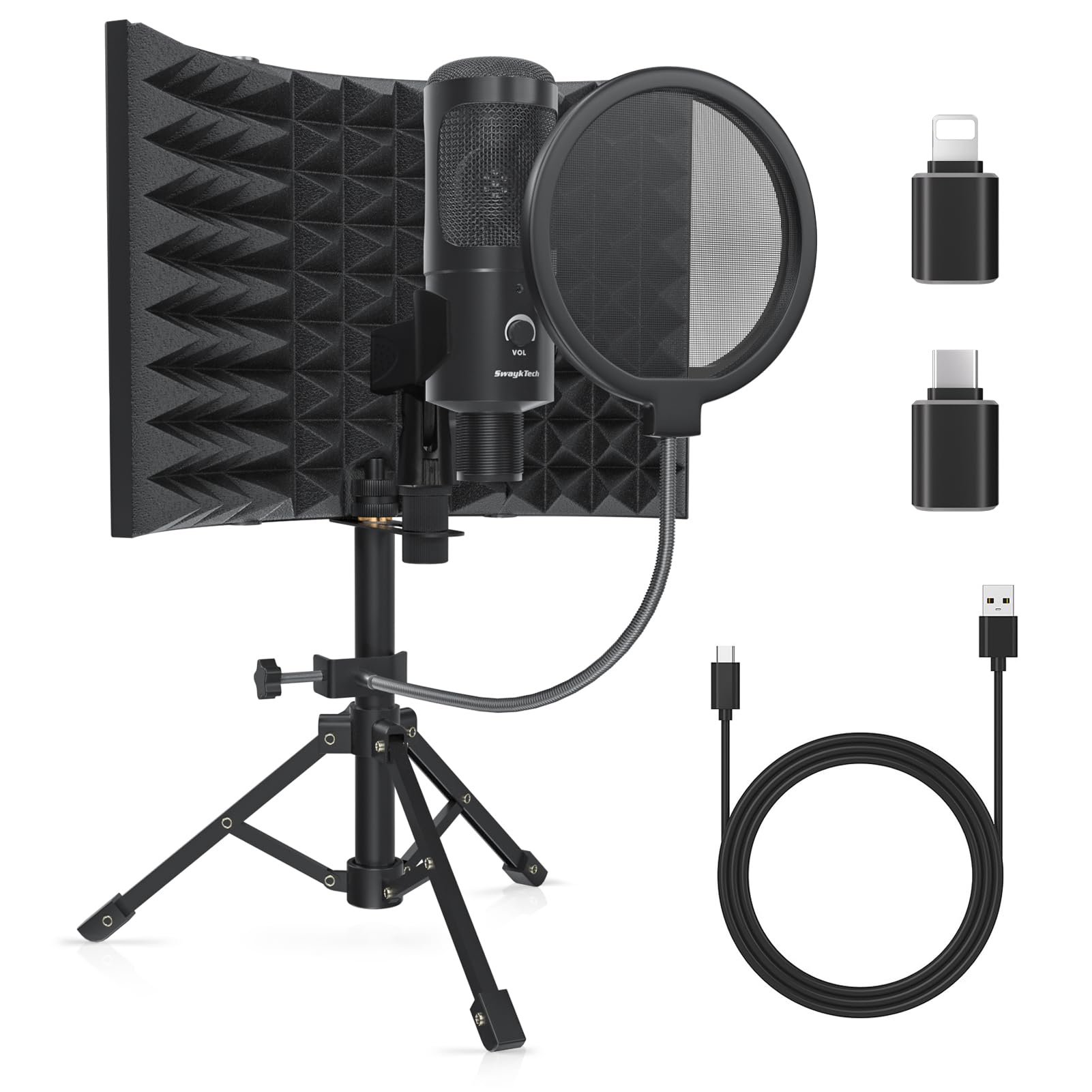 Swayktech Studio Recording Microphone Isolation Shield With Pop Filter And Metal Tripod Stand, Studio Mic To Pc Laptop Smartphon