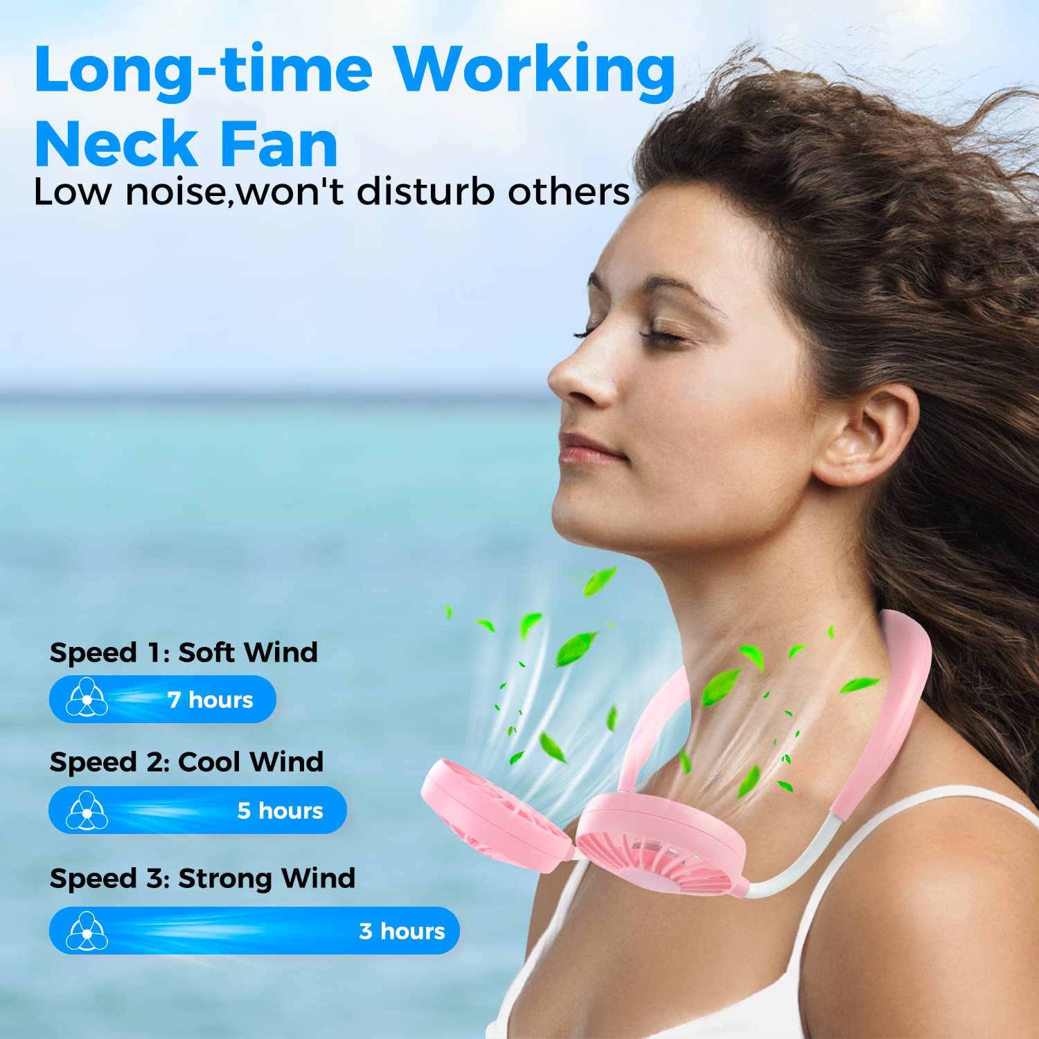 Shuangjishan Neck Fan 360 Degree Rotation Rechargeable 2000mAh Wearable Personal Fan ABS Plastic Silicone Pink