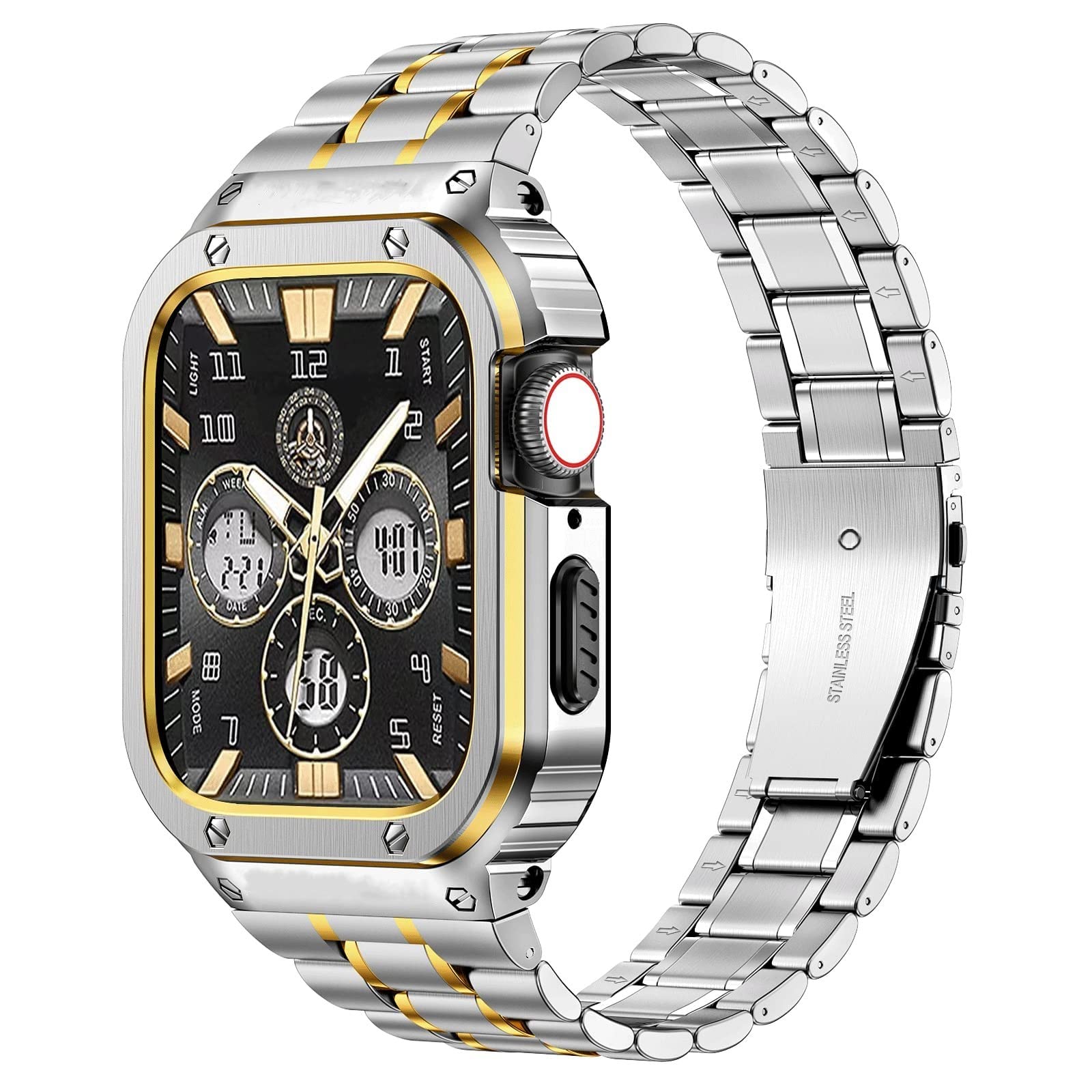 Miohhr Stainless Steel Watch Band With Case Compatible With Apple Watch Series 9/8/7(45Mm),Rugged Strap With Metal Protective Bu