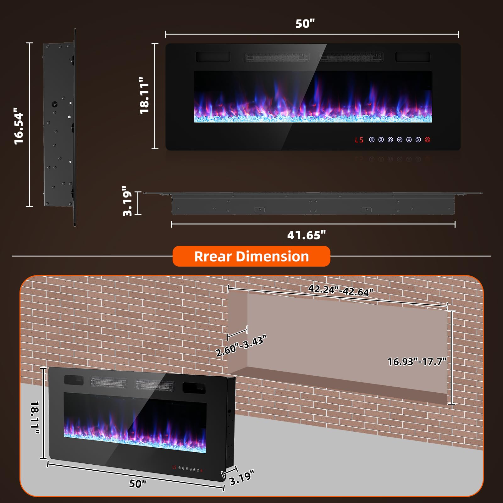 Breezeheat 50 Inch Electric Fireplace Wall Mounted/Freestanding Ultra Thin Fireplace Inserts For Living Room With Heater, Remote