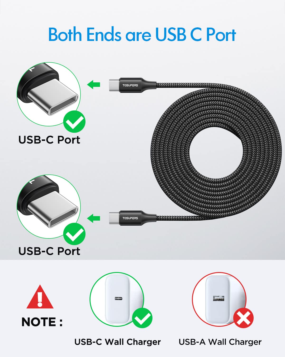 Tosupers 8Ft, 2 Pack Long Usb C To Usb C Cable Fast Charging 60W, Pd Type C Charger Cord For Iphone 16 15 Pro Max Plus, For Samsung Galaxy S24 S23 S22 Ultra Z Flip6/Fold6, For Macbook/Ipad Pro