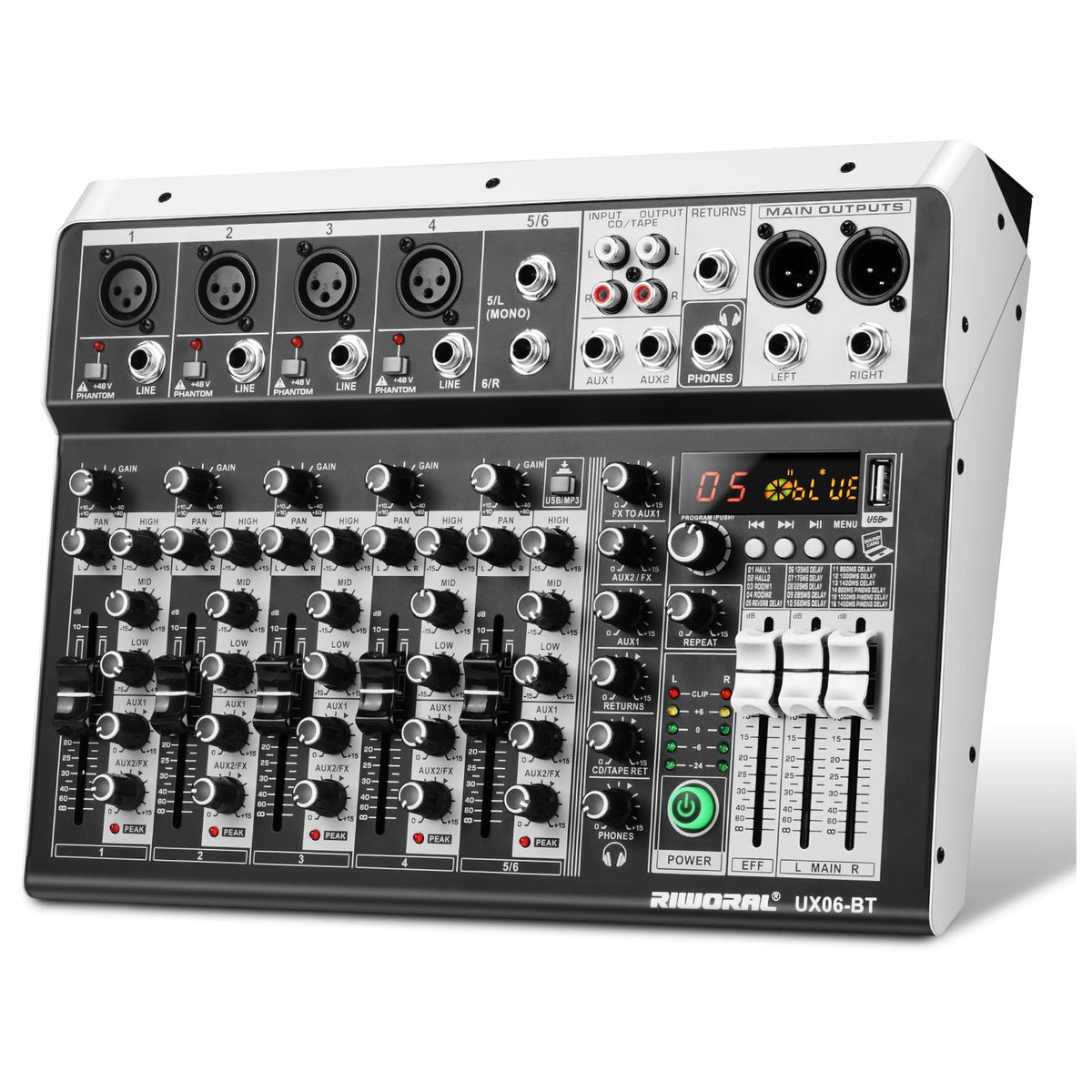 6 Channel Audio Interface Sound Board Mixing Console 16 Bit Dsp Dj Mixer Audio Reverb Effect +48V Phantom Bluetooth Studio Audio