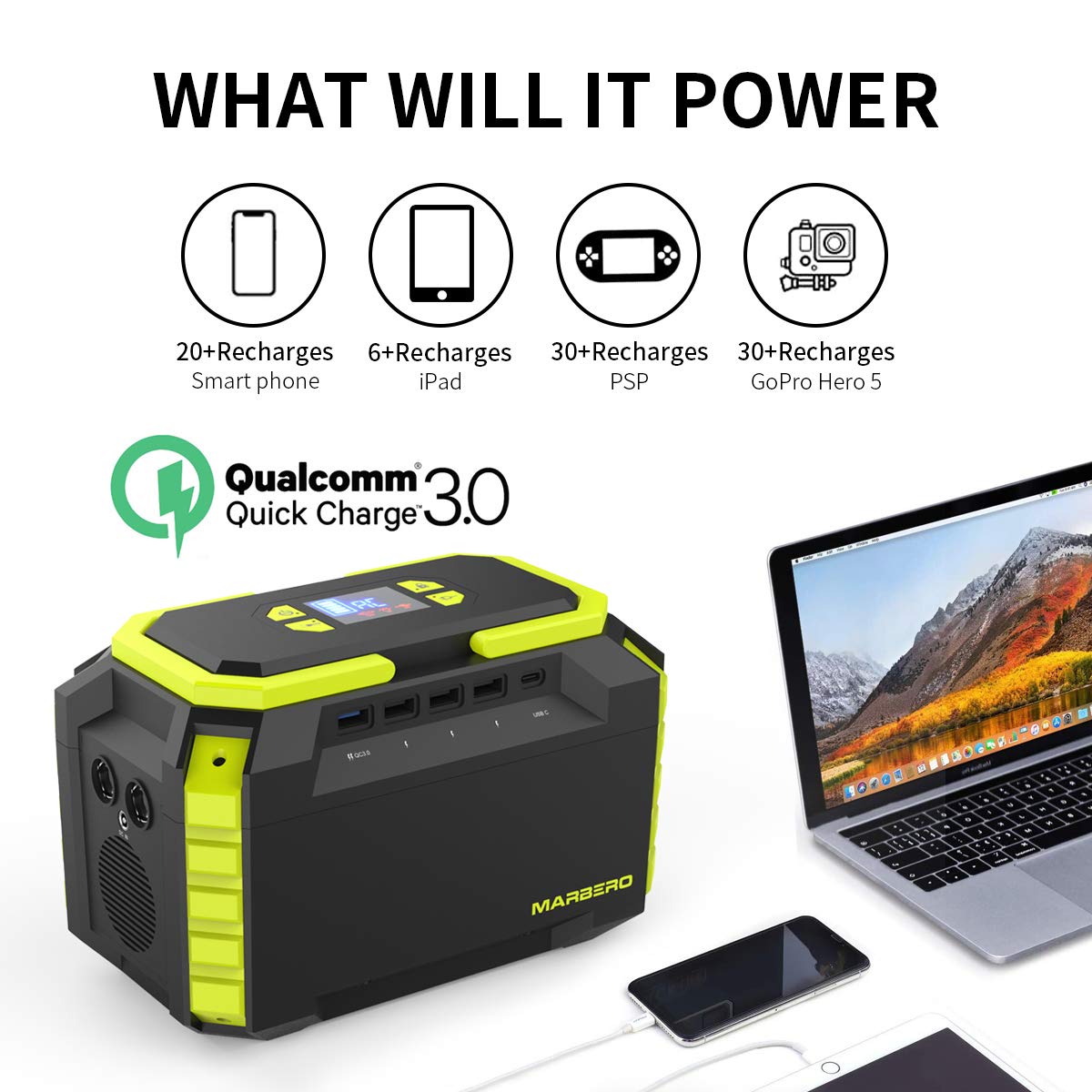 Marbero 222Wh Portable Power Station 200W Solar Generator 60000Mah Power Bank With Ac Outlet 110V 200W Dc Usb Led Flashlights Li