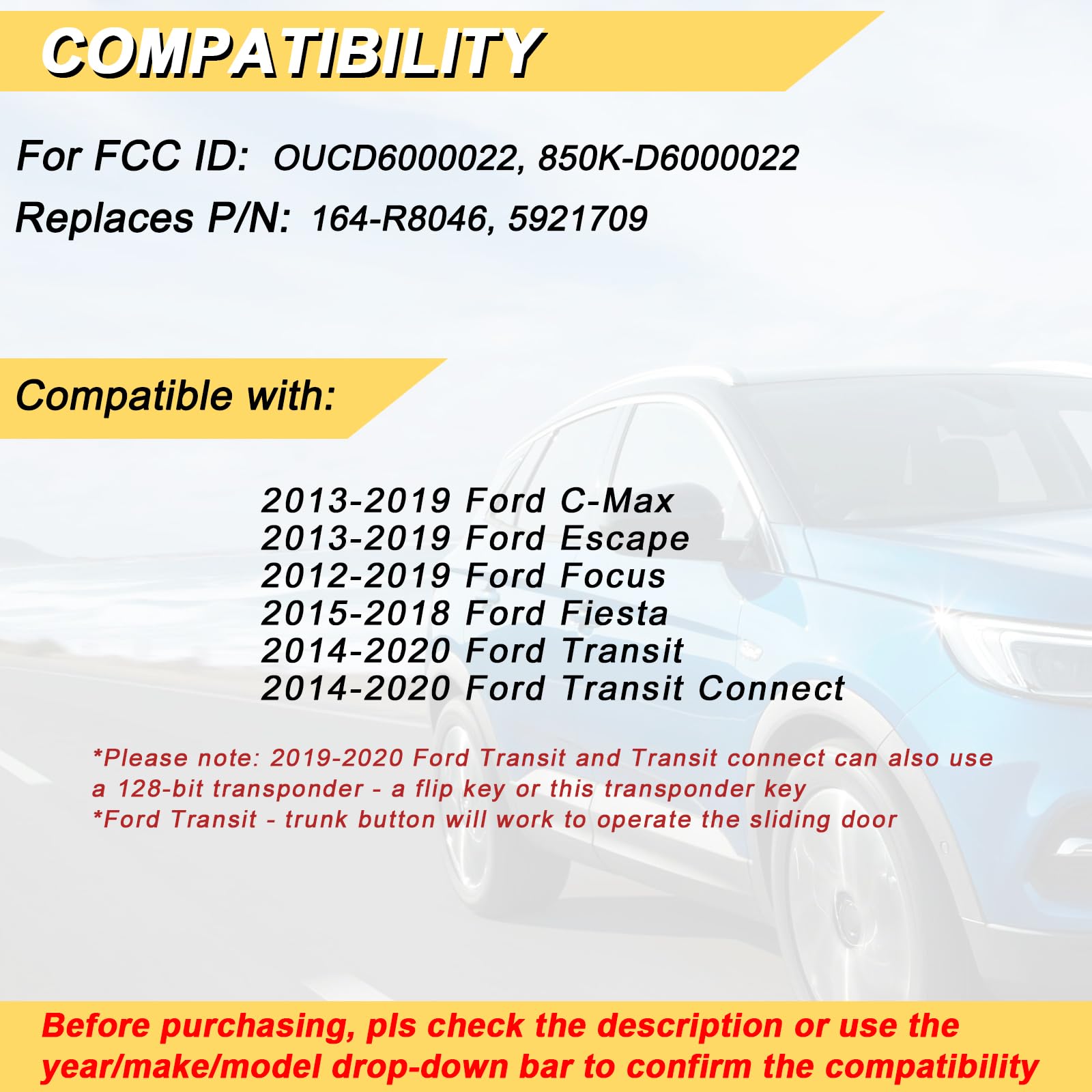 Vurkcy Key Fob Replacement For 2012-2019 Ford Focus/ 13-19 Escape C-Max/ 15-18 Fiesta/ 14-20 Transit Car Keyless Entry Remote Co