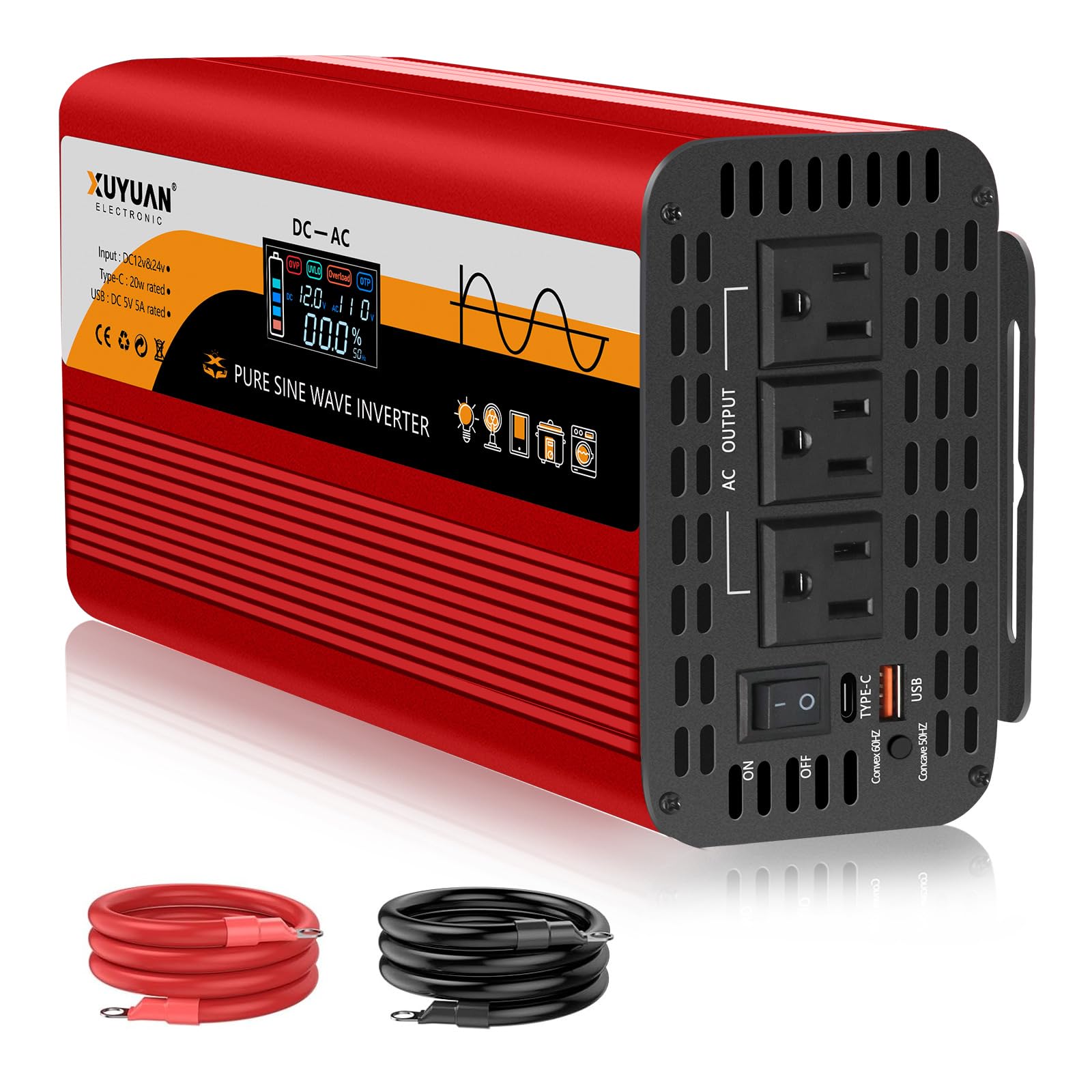 1500W Pure Sine Wave Inverter, 12V/24V Auto-Detect, 50Hz/60Hz Switchable, LCD Display, Type-C Fast Charging, Silent Design, Over