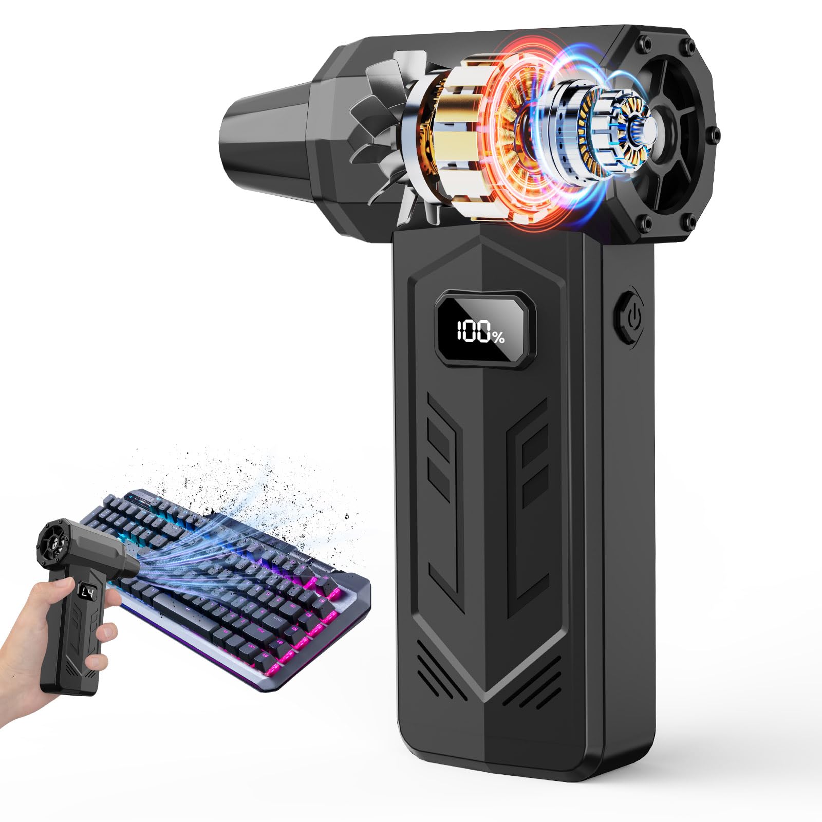 Compressed Air Duster,350,000RPM Turbo Jet Blower with LED Display and Light,4-Gear Adjustable Mini Air Broom,Electric Air Duste