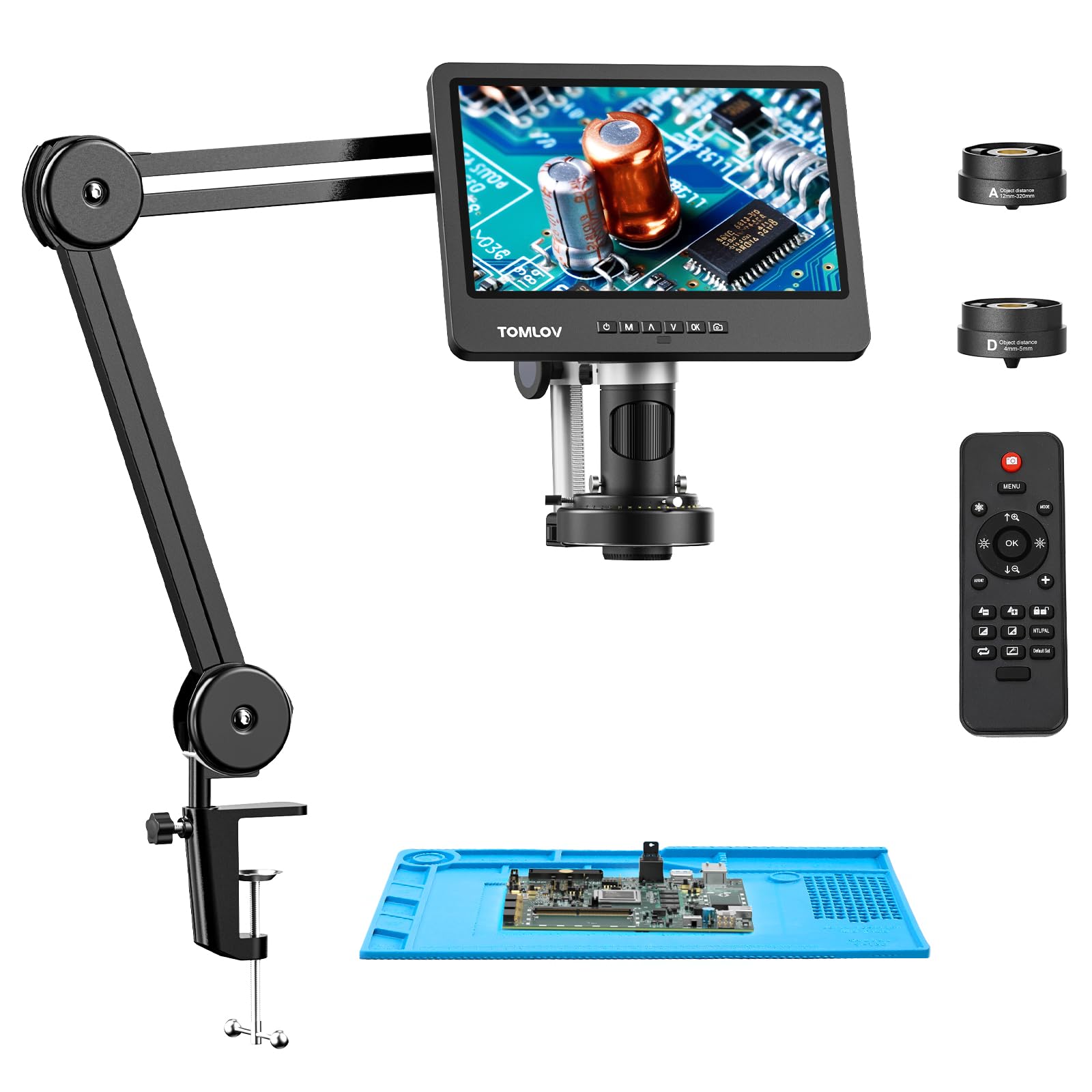 TOMLOV DM602 Flex Digital Soldering Microscope 2000x, Flexible Arm, 10.1 HDMI Microscope with 3 Lens, Coin Magnifier with Ring L