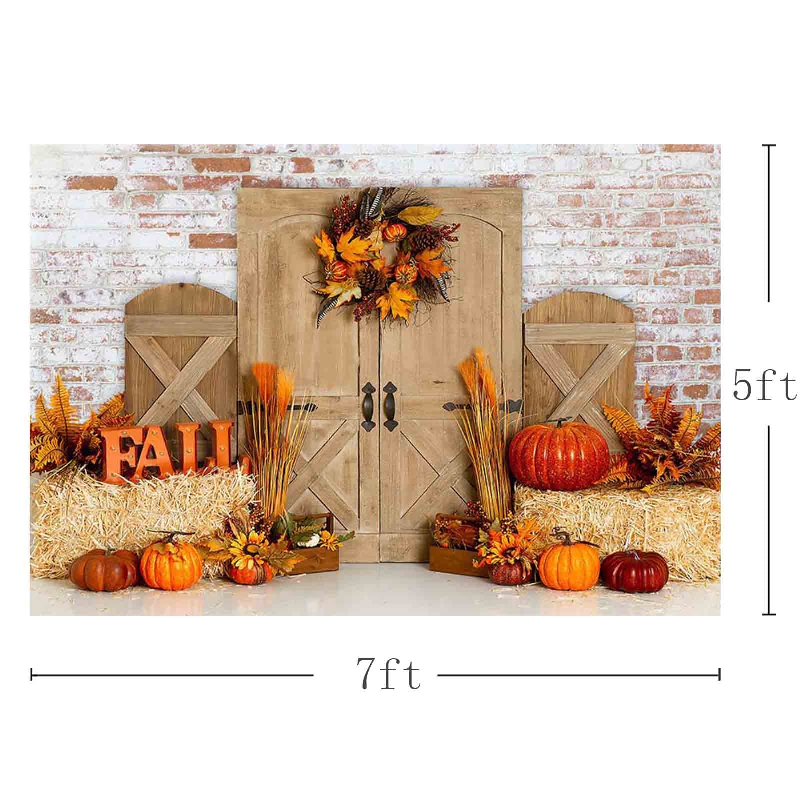 Aibiin Fall Barn Pumpkin Photography Background Rustic Brick Wall Wood Door Backdrop Haystack Decoration Wreath Banner For Kids