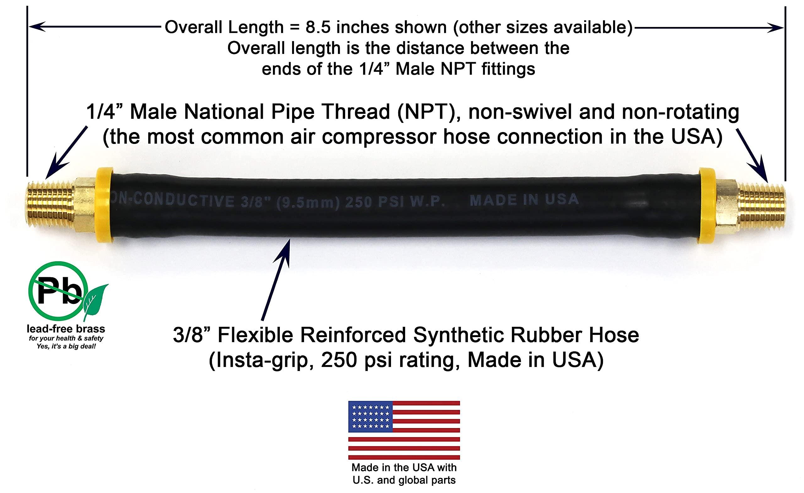 8.5 Inch Short Air Compressor Hose: 1/4'' Male Npt To 1/4'' Male Npt Connections (Lead Free Brass)