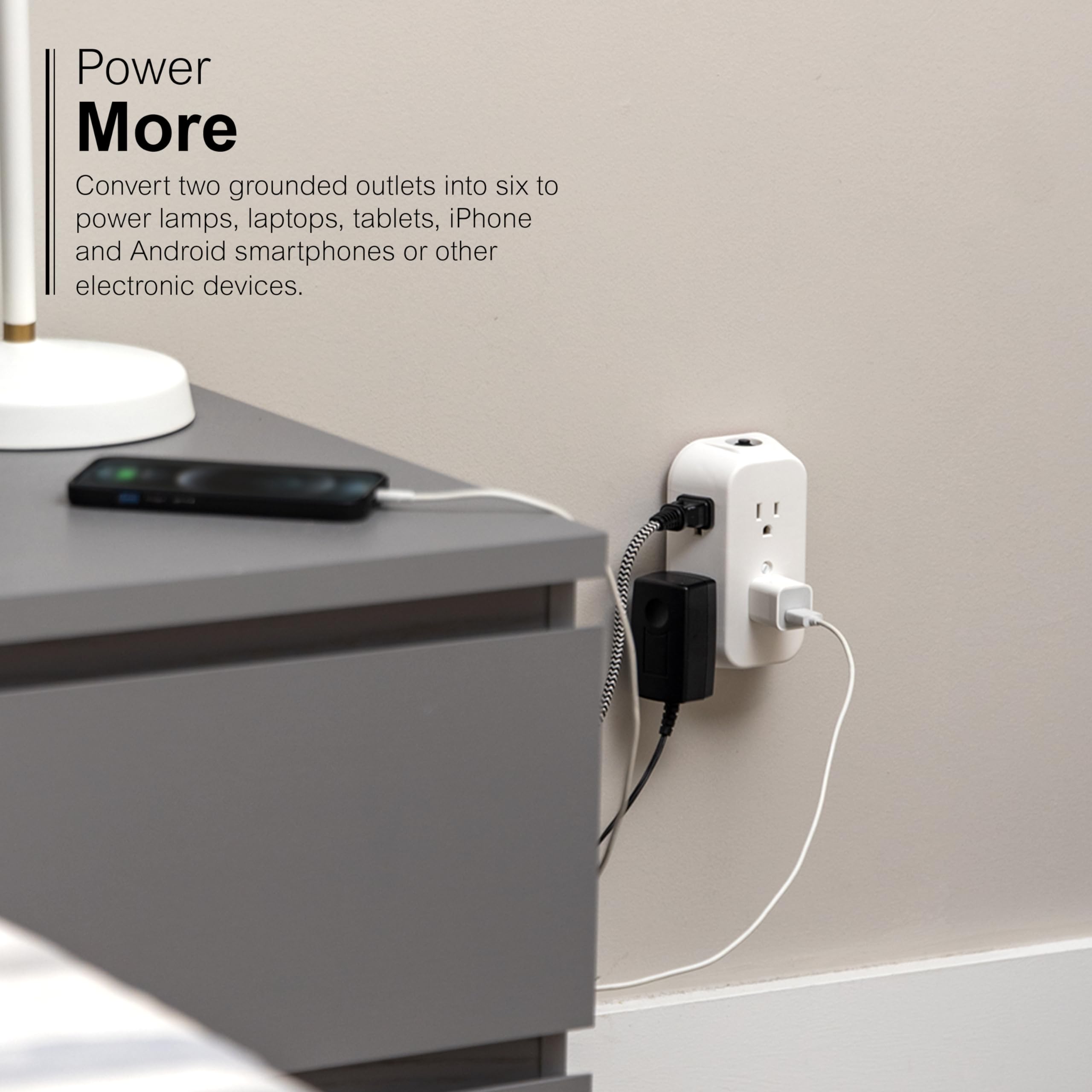 Ge 6-Outlet Extender, Grounded Wall Tap, Reset Button, Circuit Breaker, Adapter Spaced Outlets, 3-Prong, Multiple Plug, Quick An